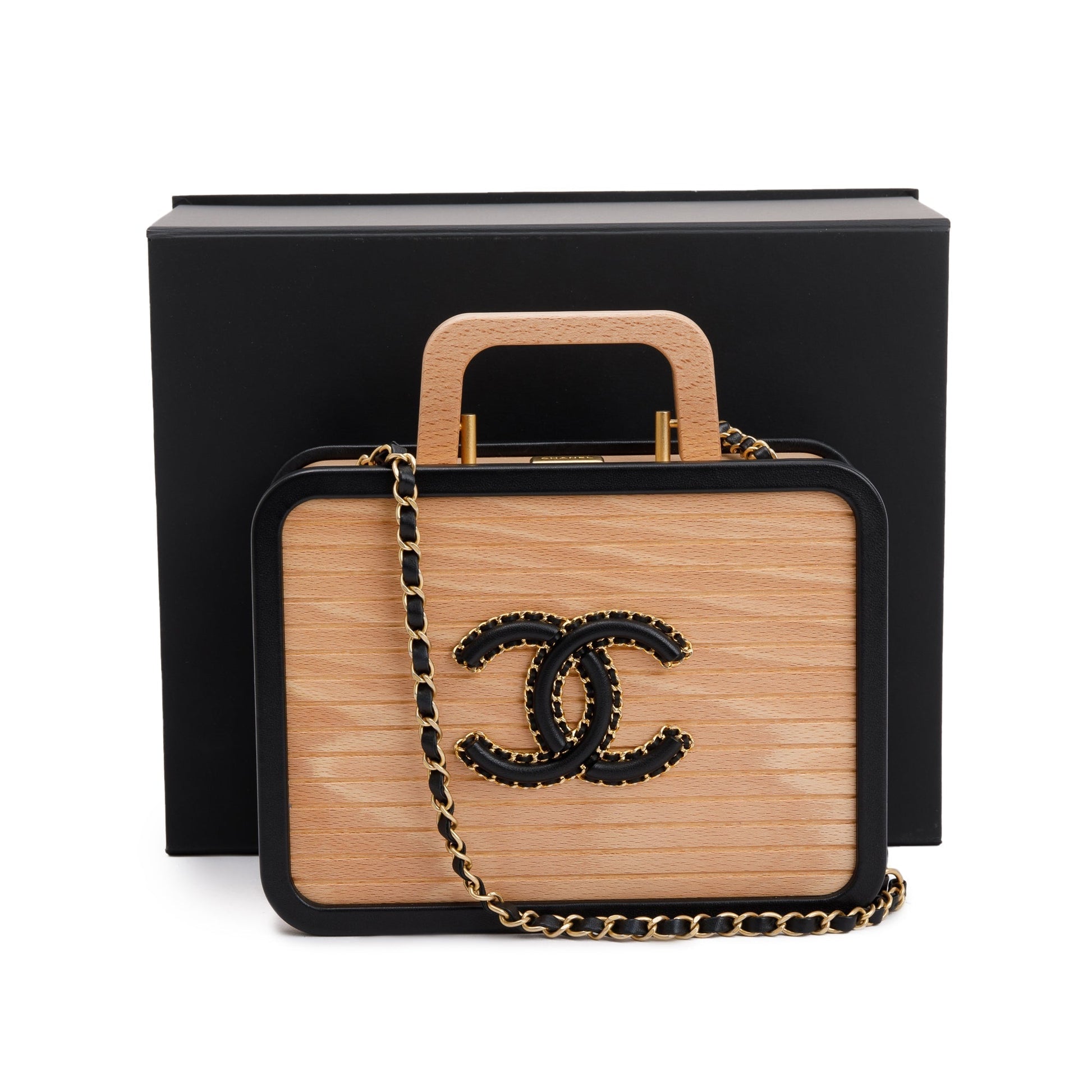 Chanel Beech Wood CC Vanity Leather Lambskin Black Beige Travel Bag