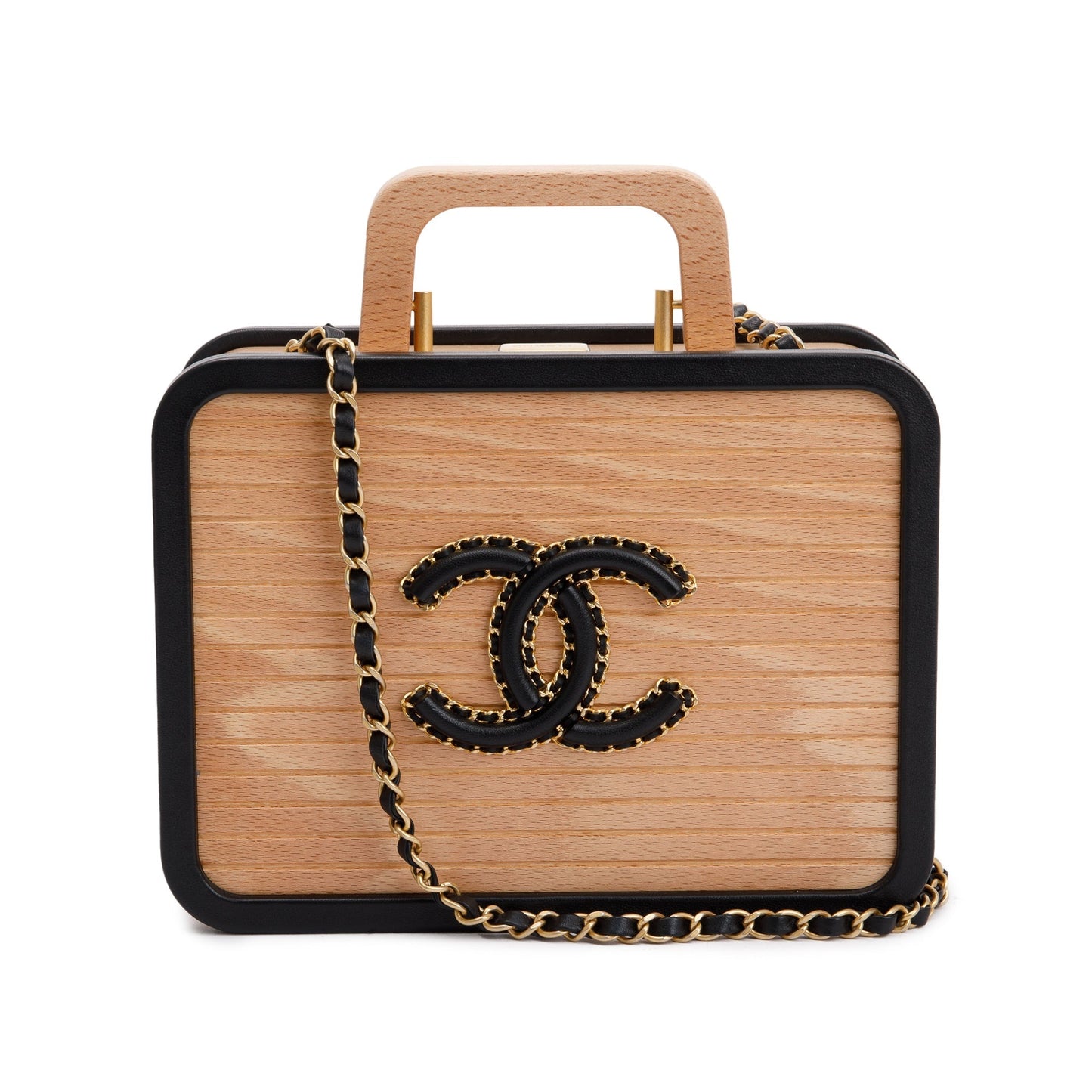 Chanel Beech Wood CC Vanity Leather Lambskin Black Beige Travel Bag