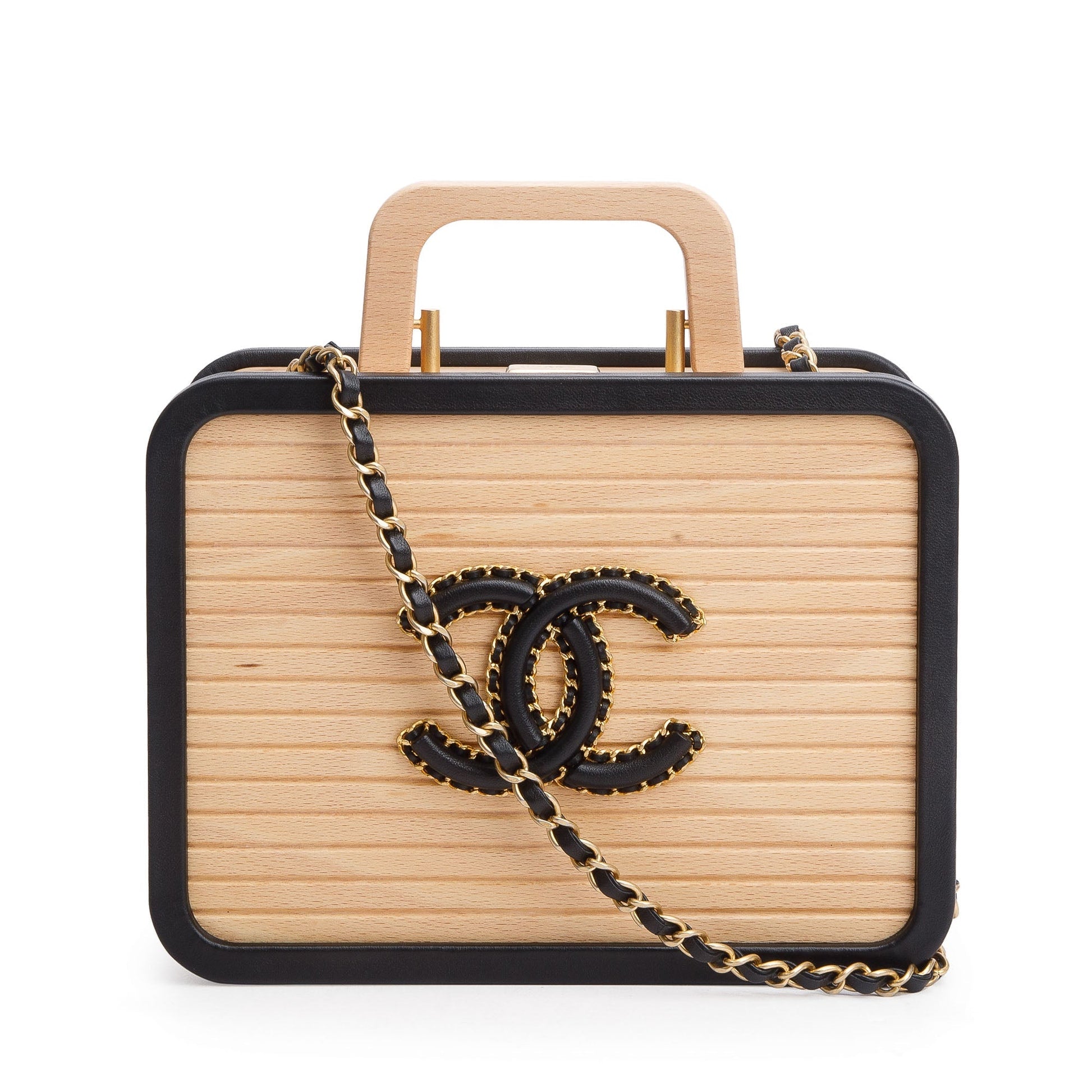 Chanel Beech Wood CC Vanity Leather Lambskin Black Beige Travel Bag W Box