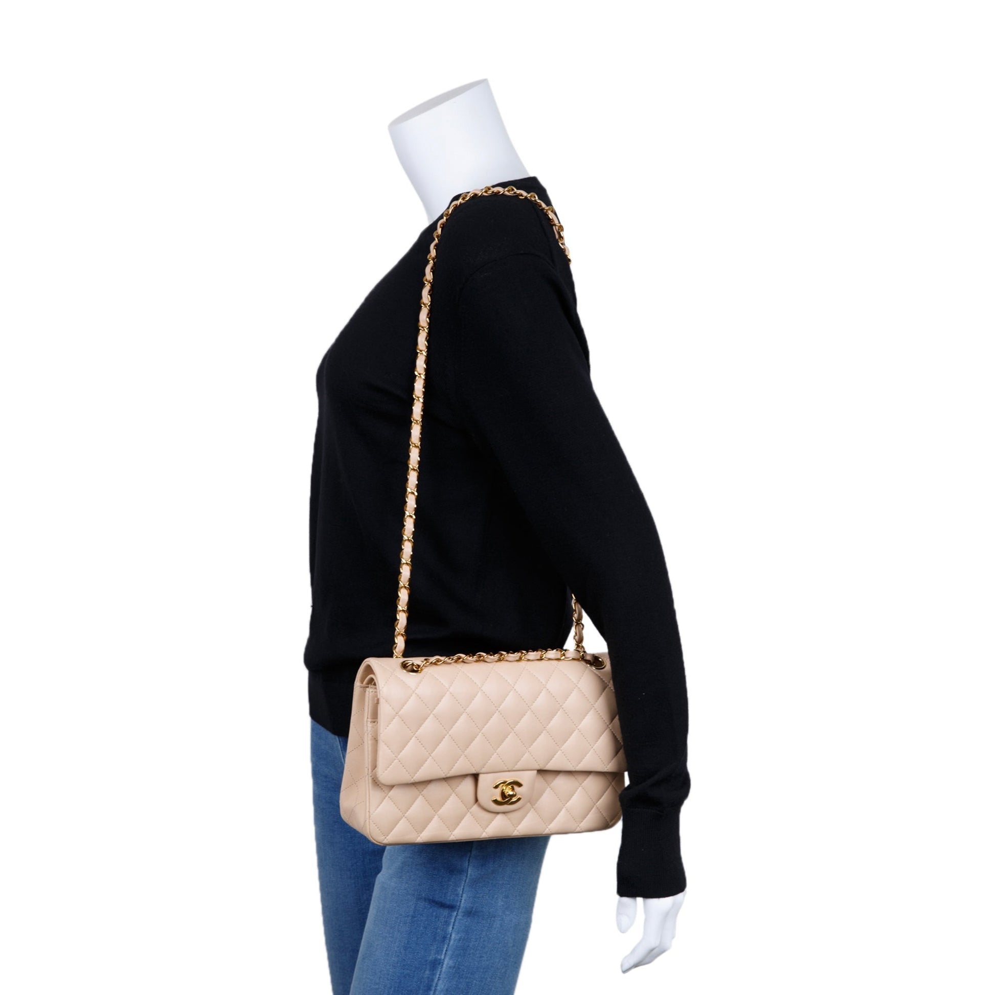 Chanel Classic Double Flap Lambskin Beige Travel Bag Box Receipt
