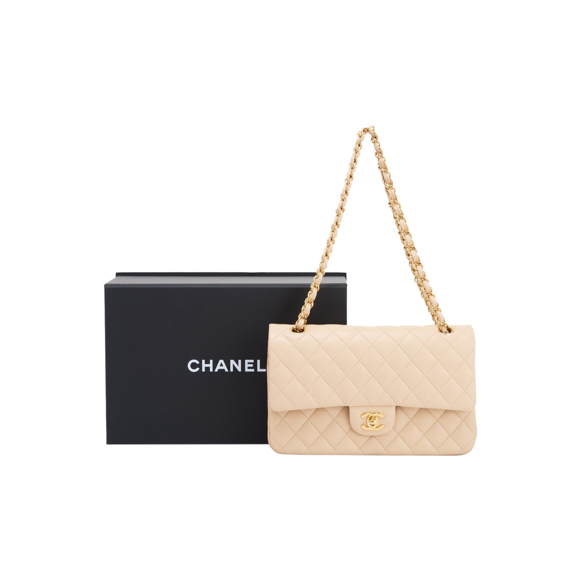 Chanel Classic Double Flap Lambskin Beige Travel Bag Box Receipt