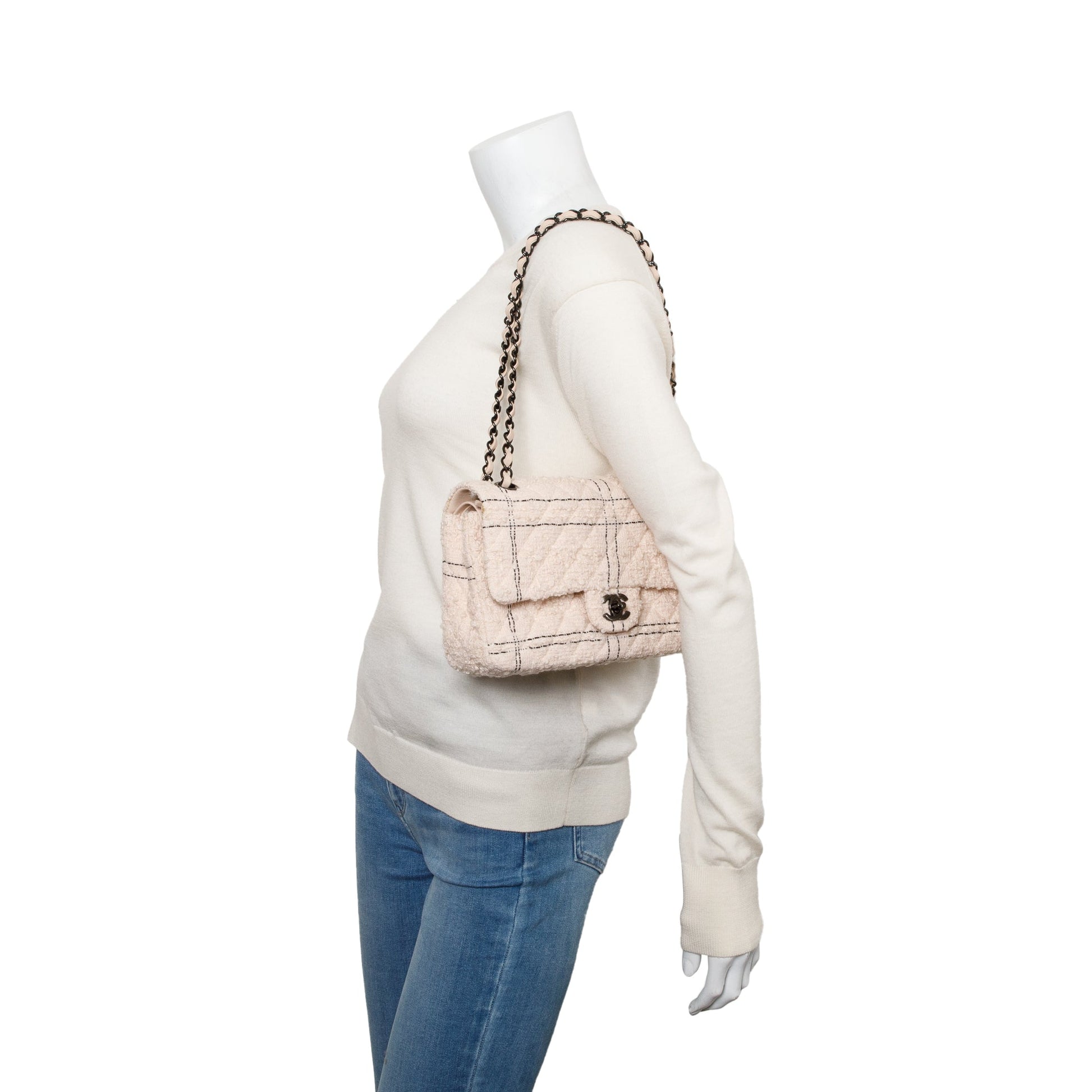 Chanel Wool Tweed Classic Double Flap Beige Travel Bag
