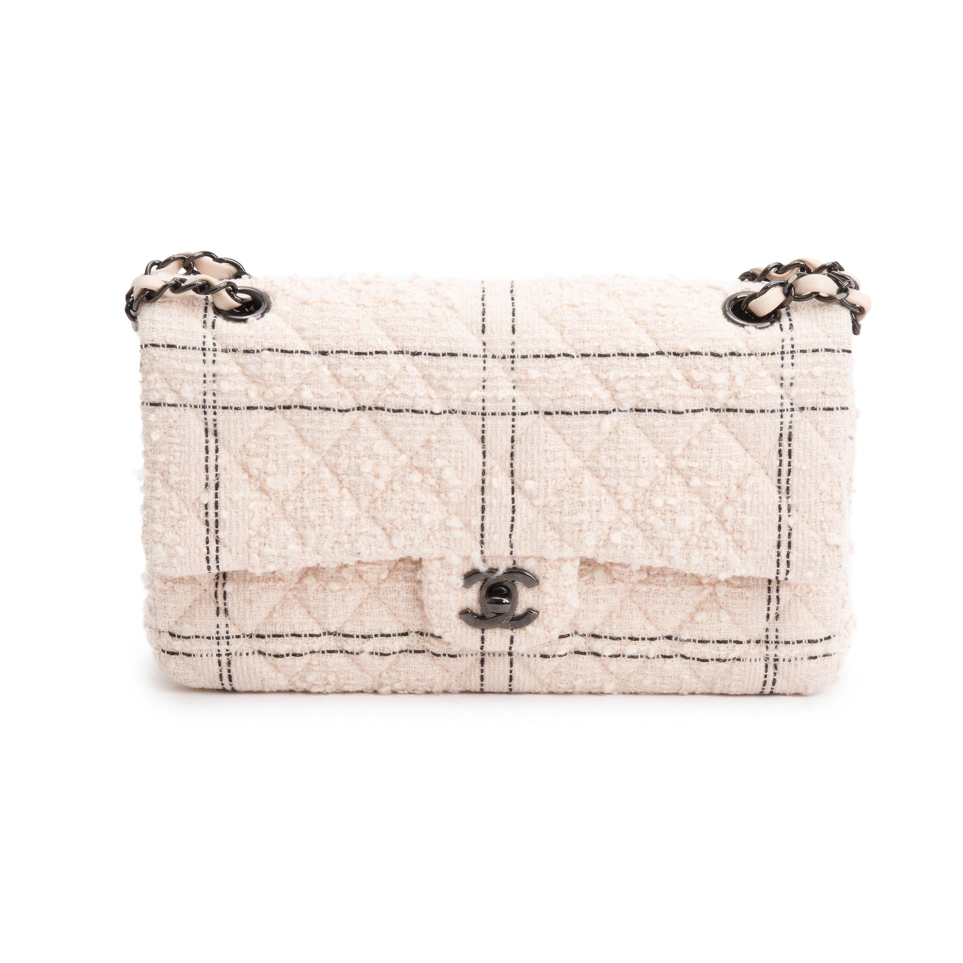 Chanel Wool Tweed Classic Double Flap Beige Travel Bag