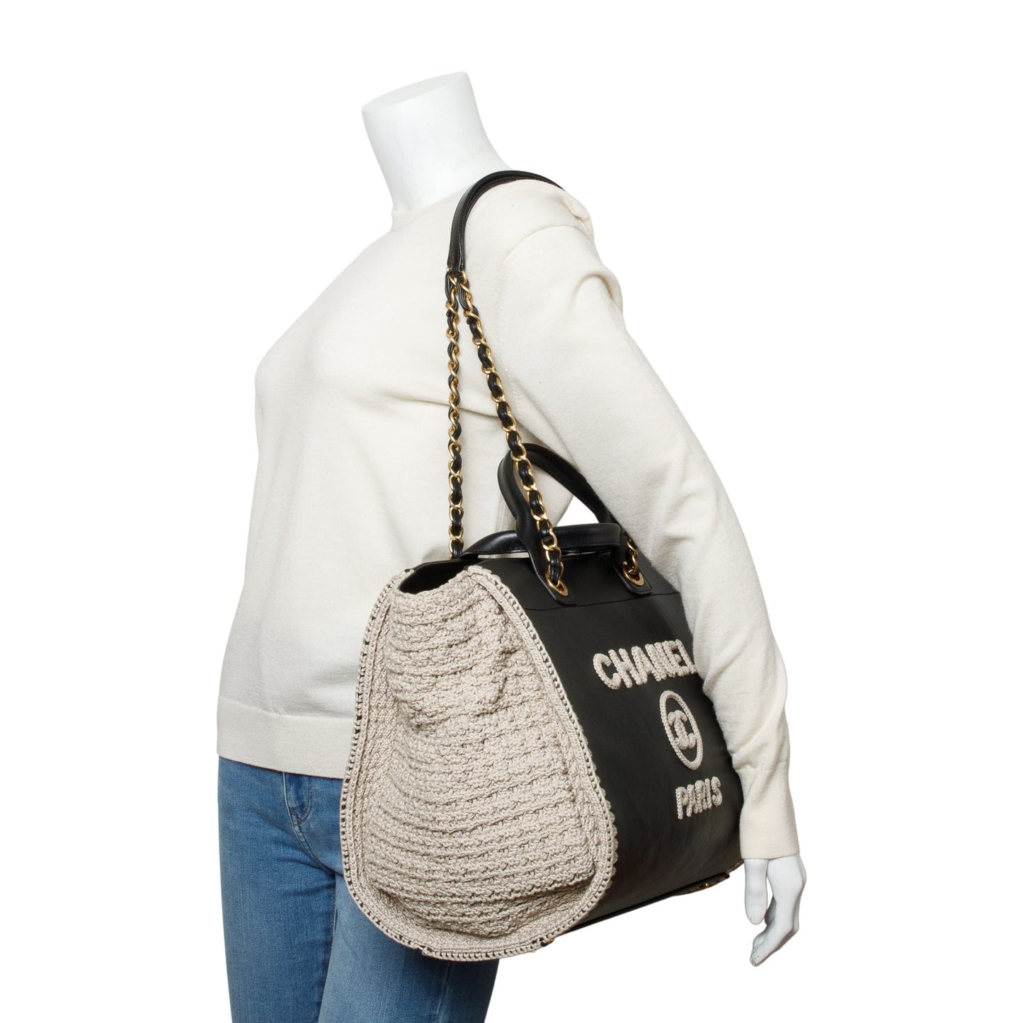 Chanel Knit Deauville Leather Calfskin Black Grey Travel Bag
