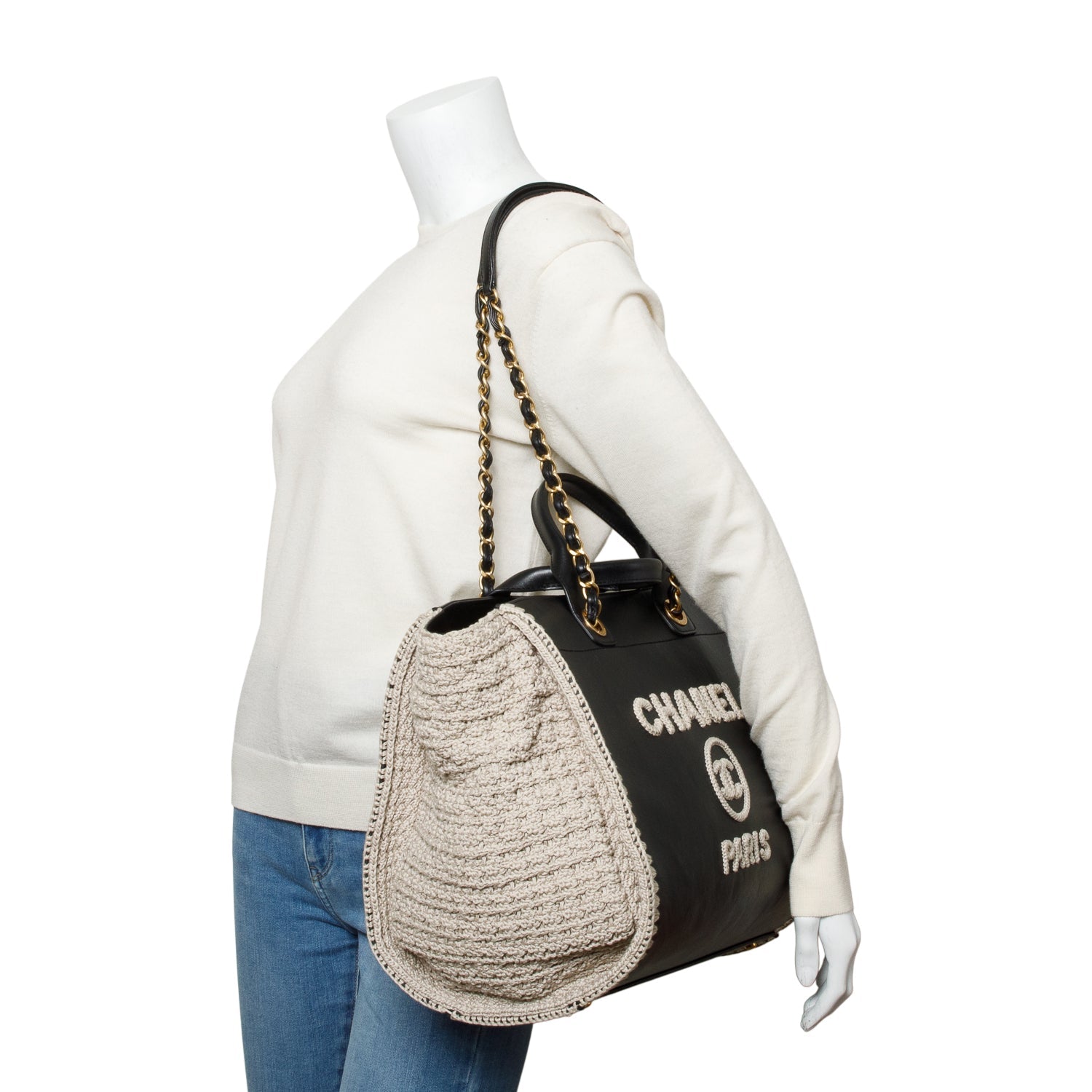 Chanel Knit Deauville Leather Calfskin Black Grey Travel Bag