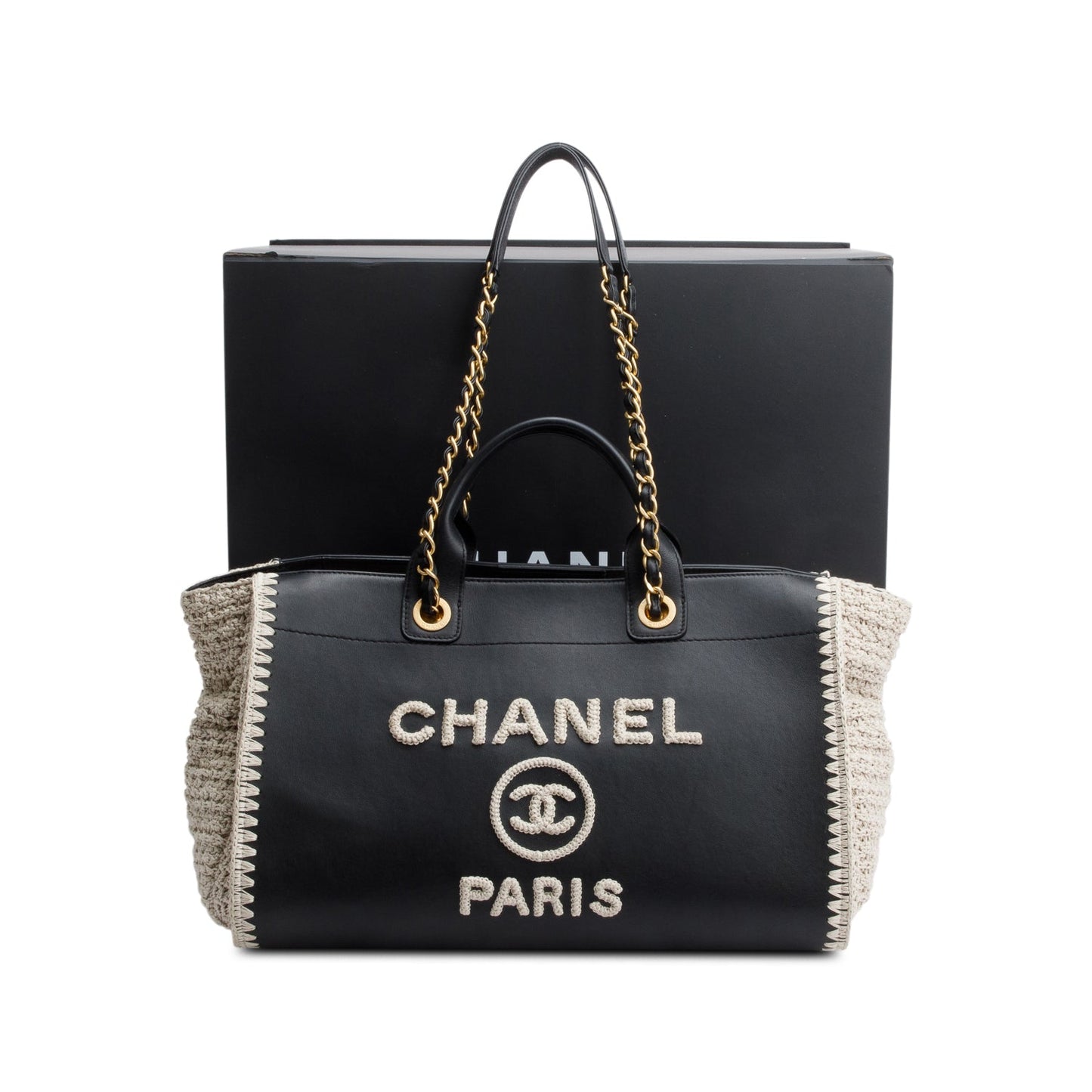 Chanel Knit Deauville Leather Calfskin Black Grey Travel Bag