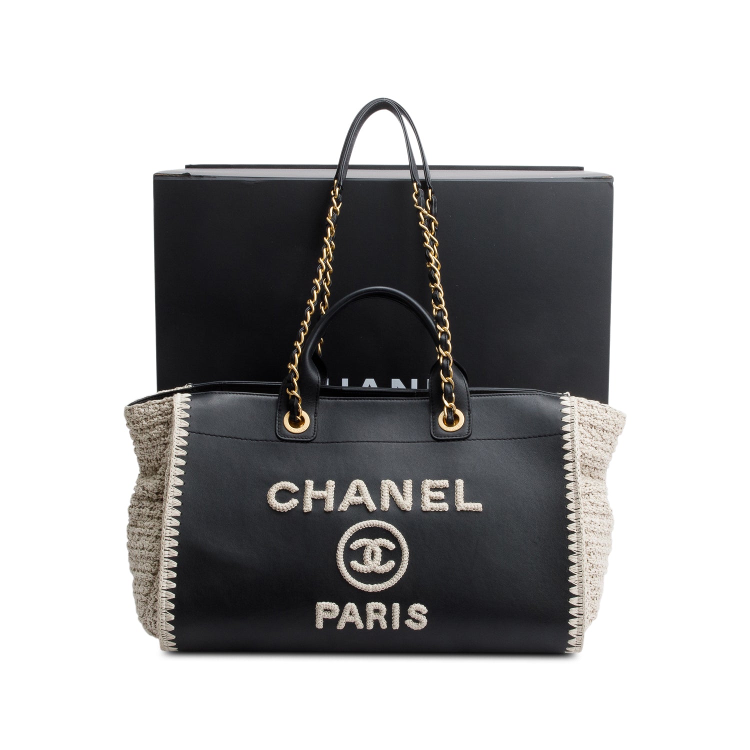 Chanel Knit Deauville Leather Calfskin Black Grey Travel Bag