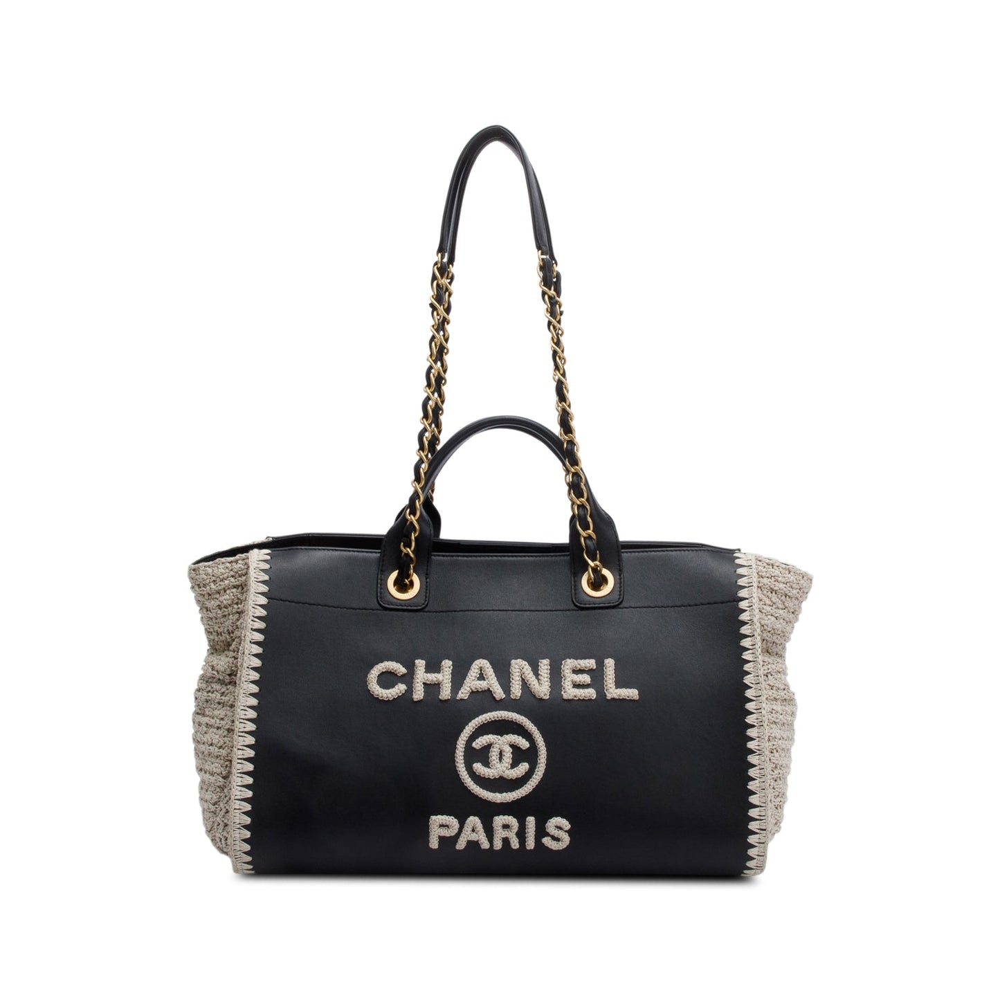 Chanel Knit Deauville Leather Calfskin Black Grey Travel Bag