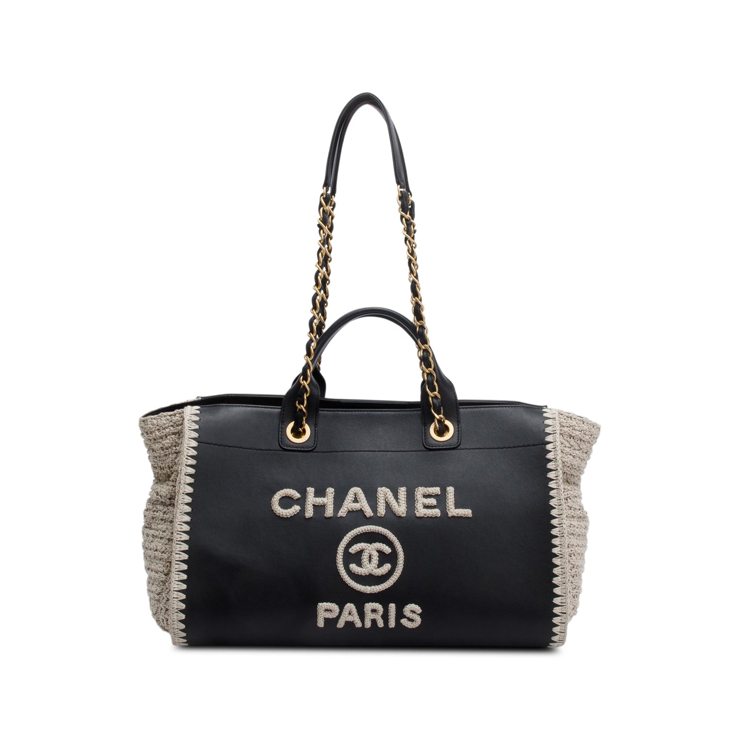 Chanel Knit Deauville Leather Calfskin Black Grey Travel Bag