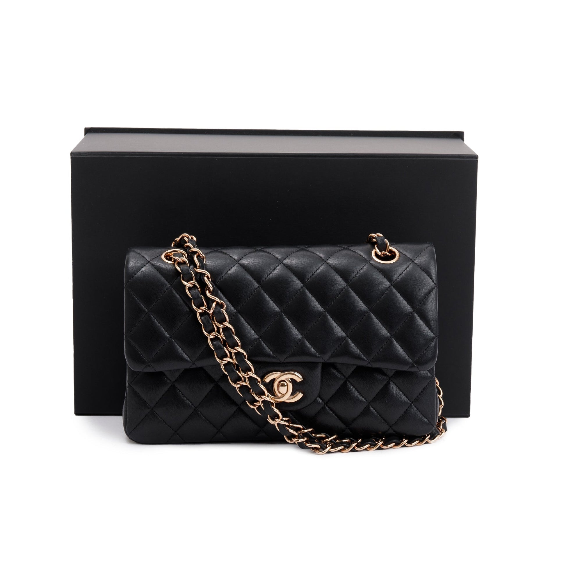 Chanel Classic Double Flap Lambskin Black Travel Bag W Box