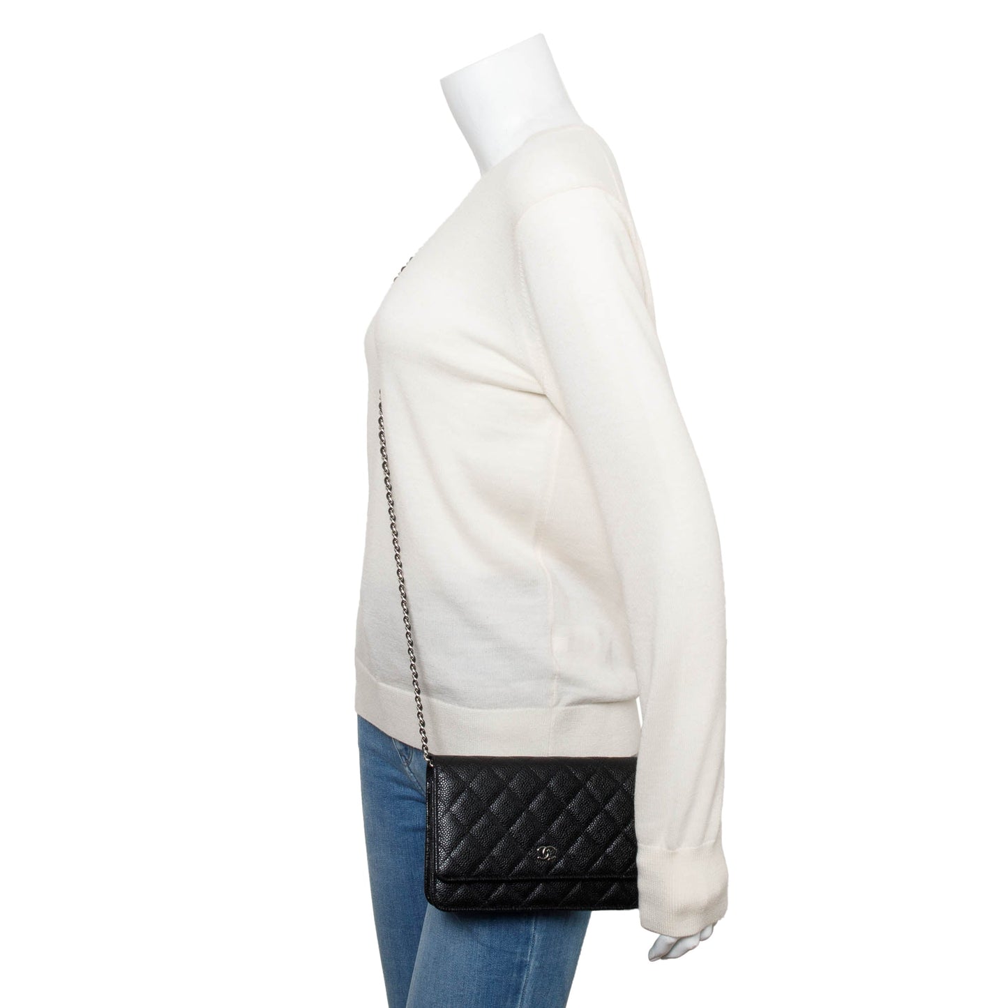 Chanel Quilted Caviar Classic on Leather Black Wallet Case On Chain