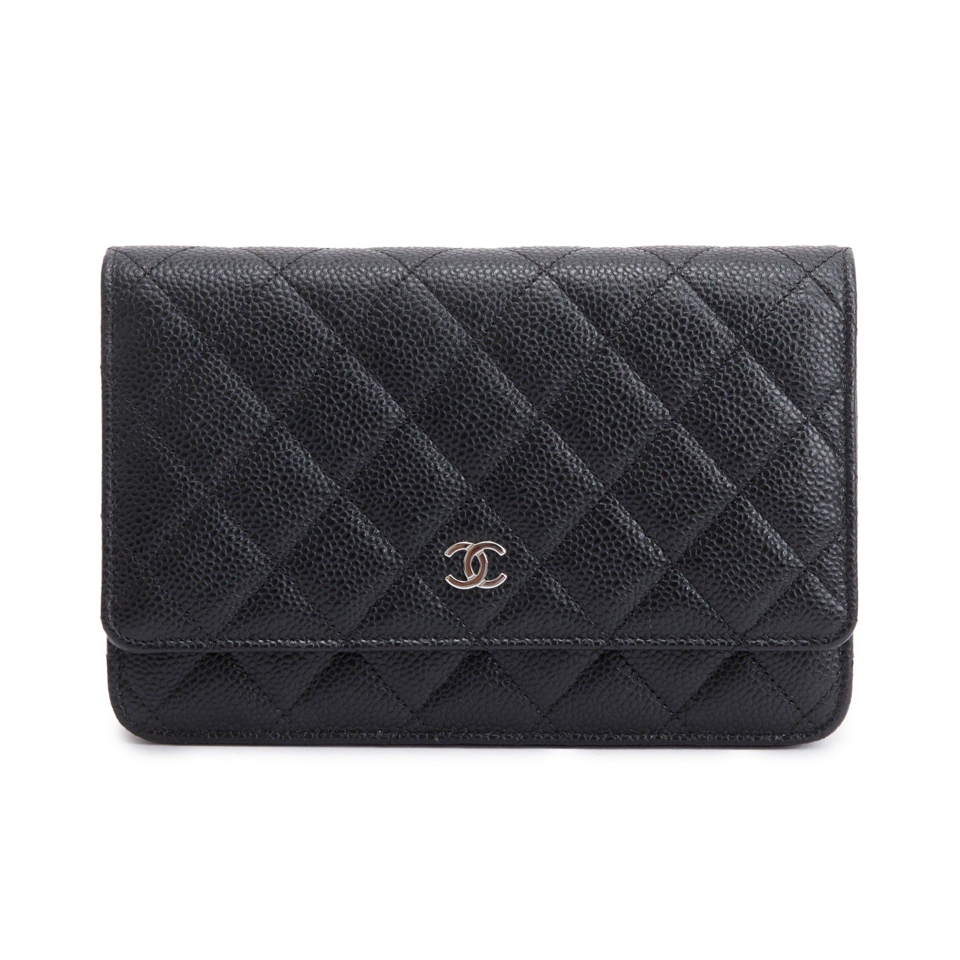 Chanel Quilted Caviar Classic on Leather Black Wallet Case On Chain