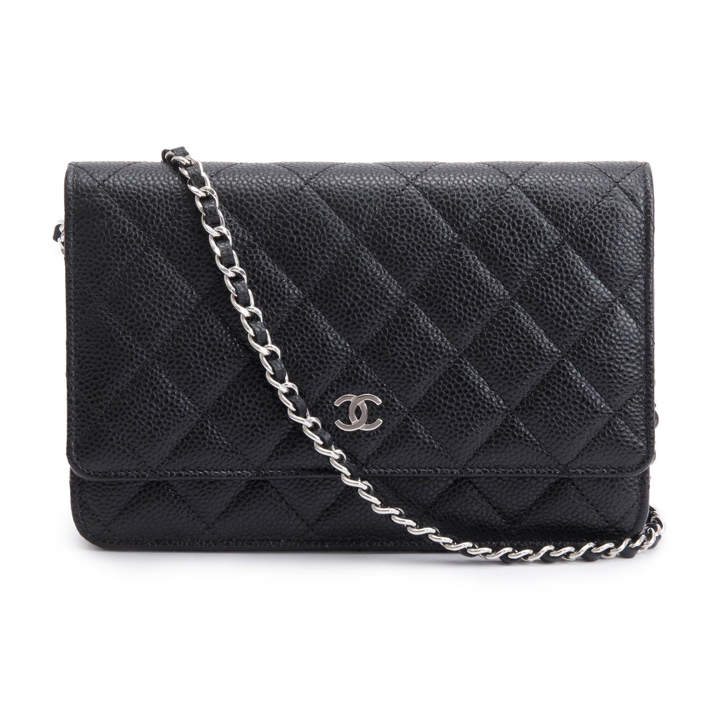 Chanel Quilted Caviar Classic on Leather Black Wallet Case On Chain