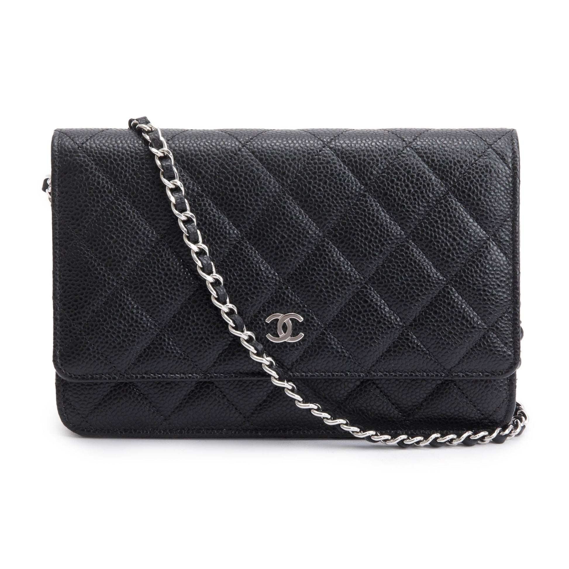 Chanel Quilted Caviar Classic on Leather Black Wallet Case On Chain