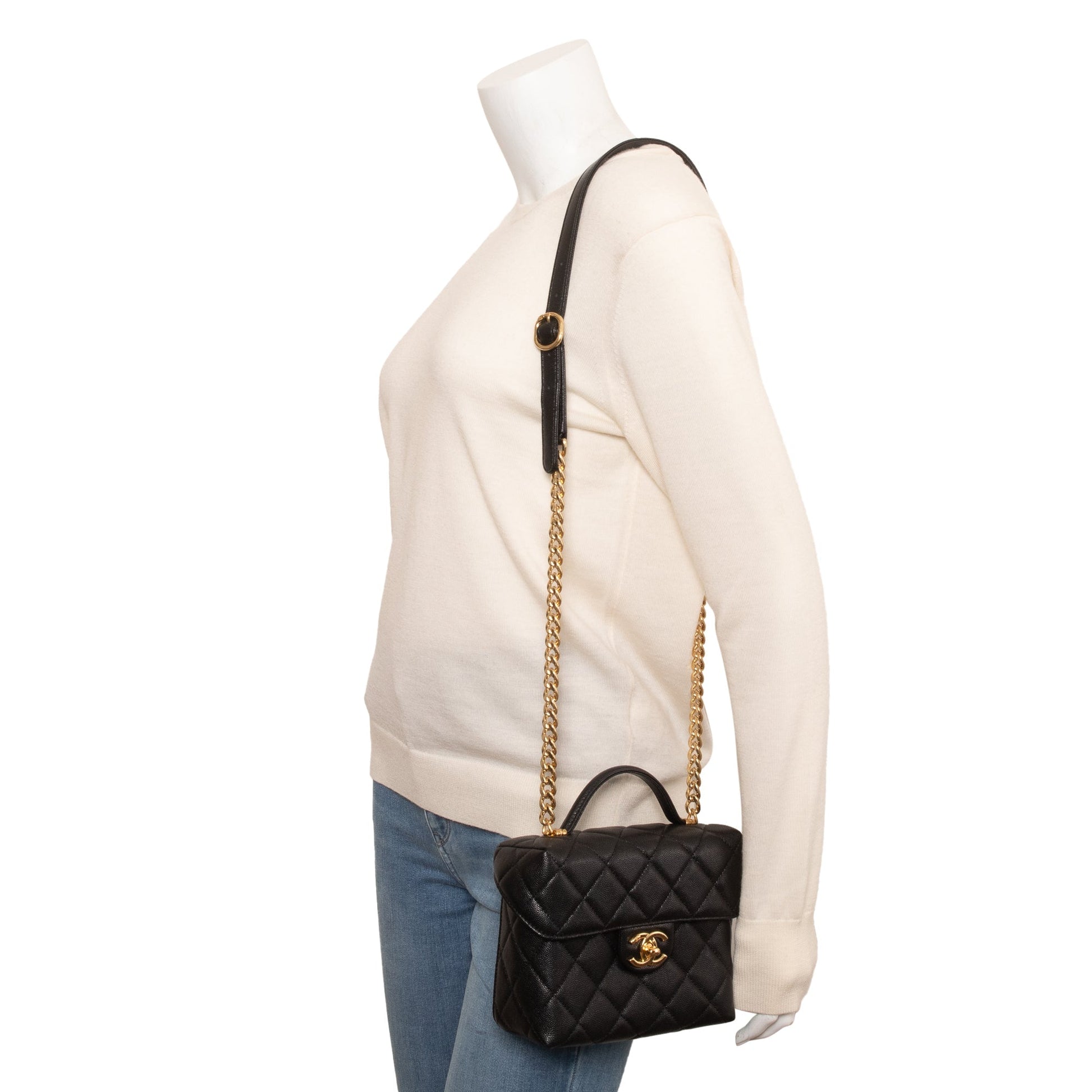 Chanel Quilted Caviar Handy Box Vanity Leather Black Travel Bag