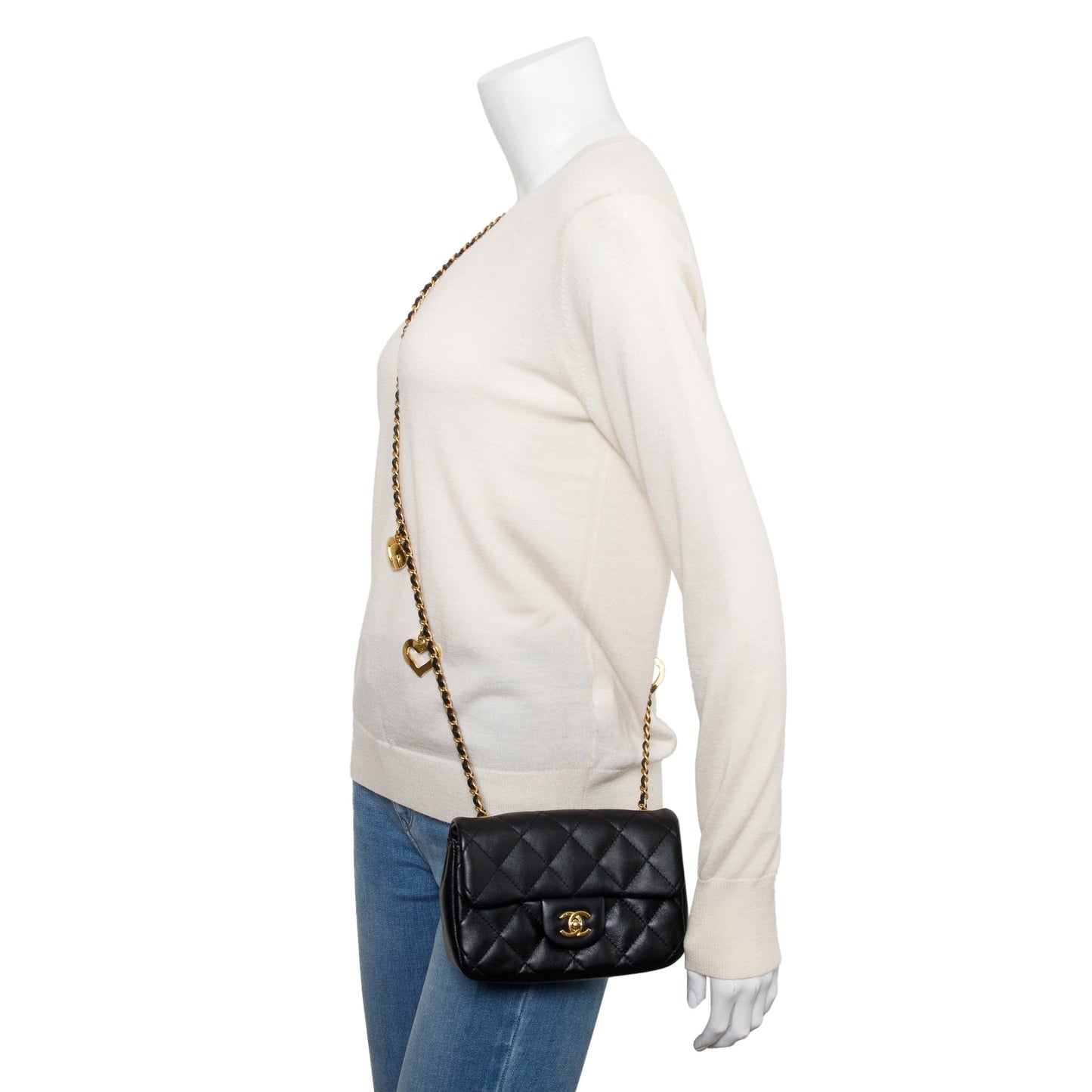 Chanel Quilted Heart Charms Flap Lambskin Black Key Chain Flap Bag