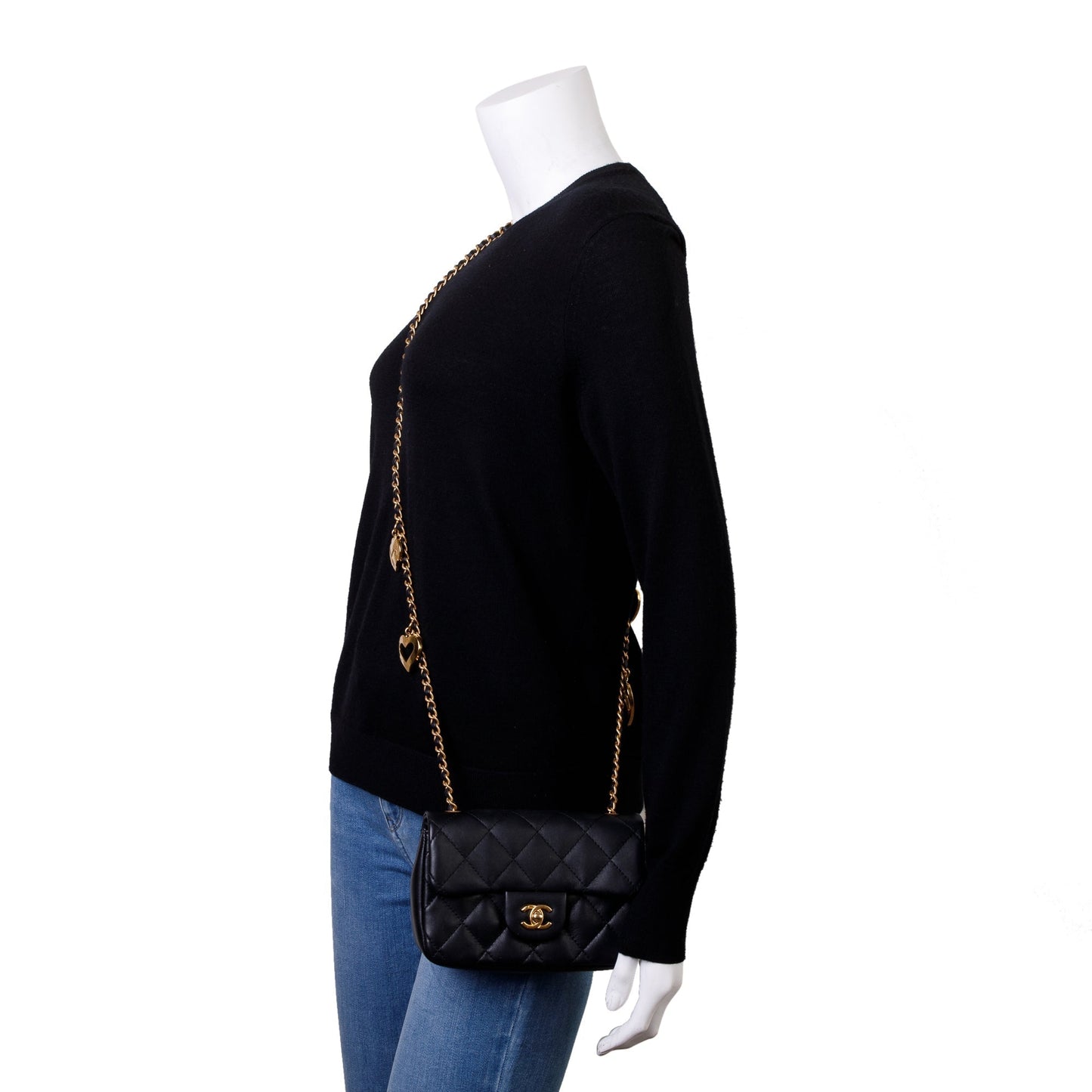 Chanel Quilted Heart Charms Flap Lambskin Black Key Chain