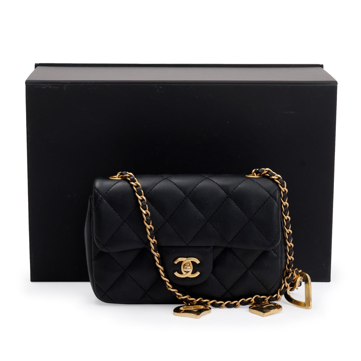 Chanel Quilted Heart Charms Flap Lambskin Black Key Chain
