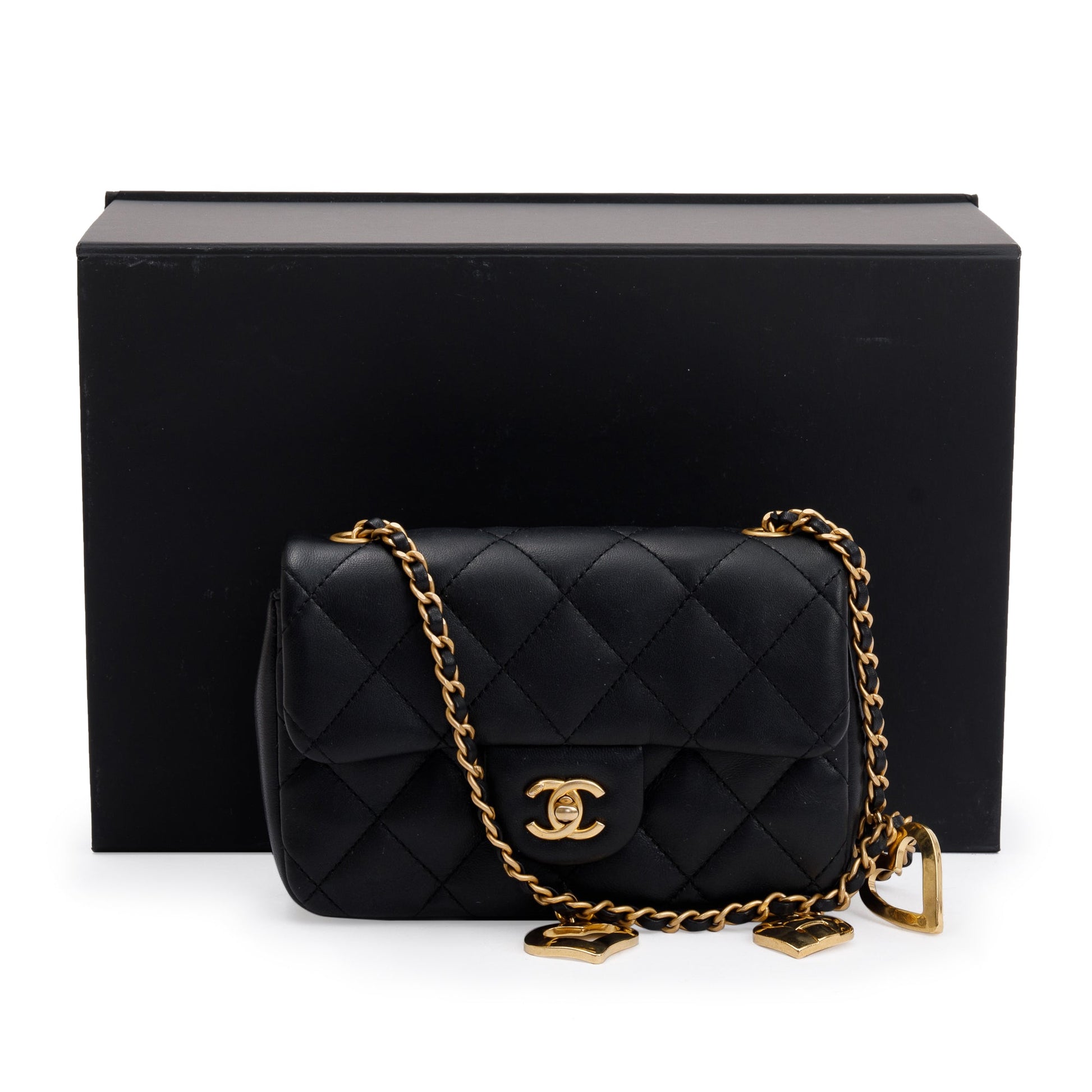 Chanel Quilted Heart Charms Flap Lambskin Black Key Chain