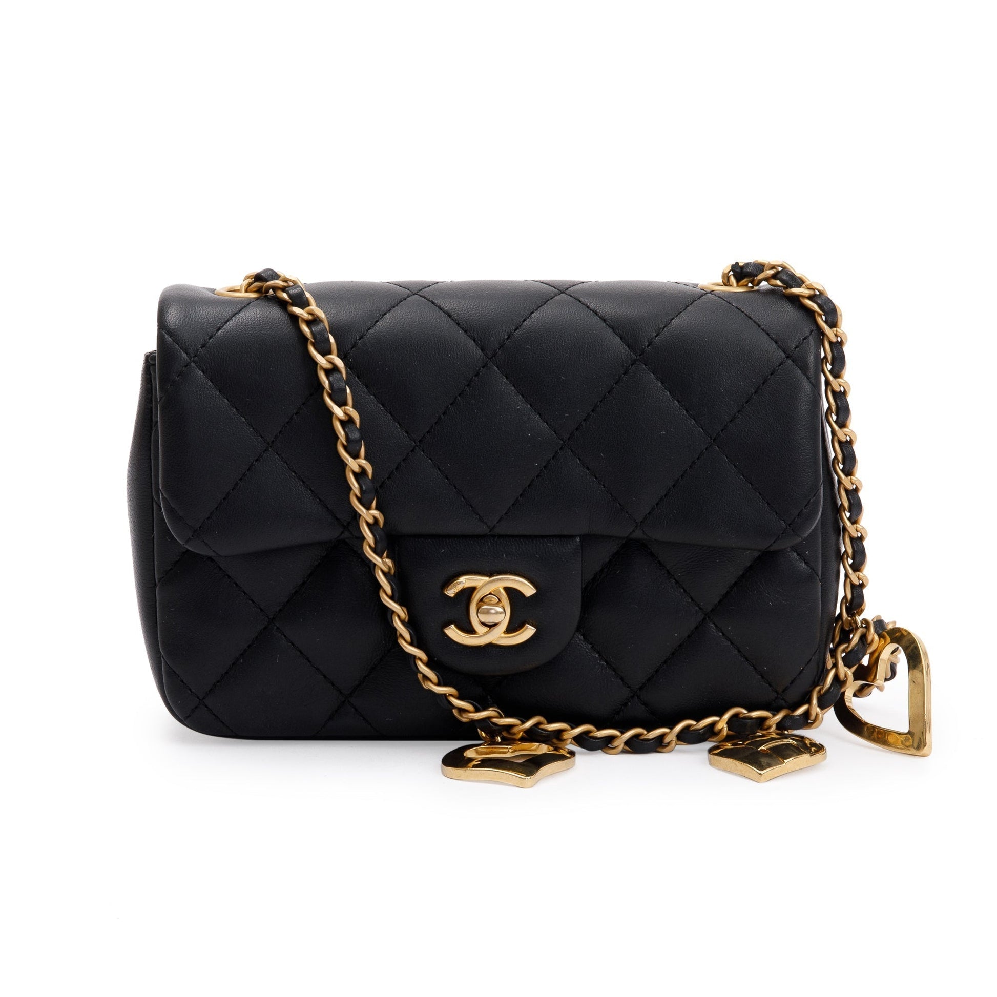 Chanel Quilted Heart Charms Flap Lambskin Black Key Chain Flap Bag