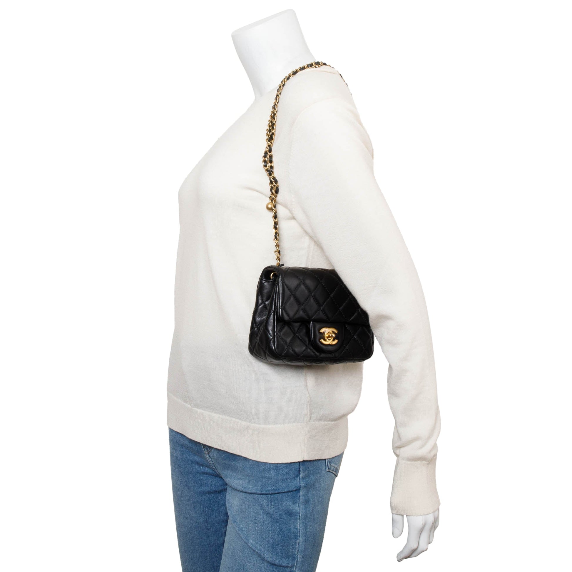 Chanel Quilted Pearl Crush Square Flap Lambskin Black Travel Bag Flap Bag
