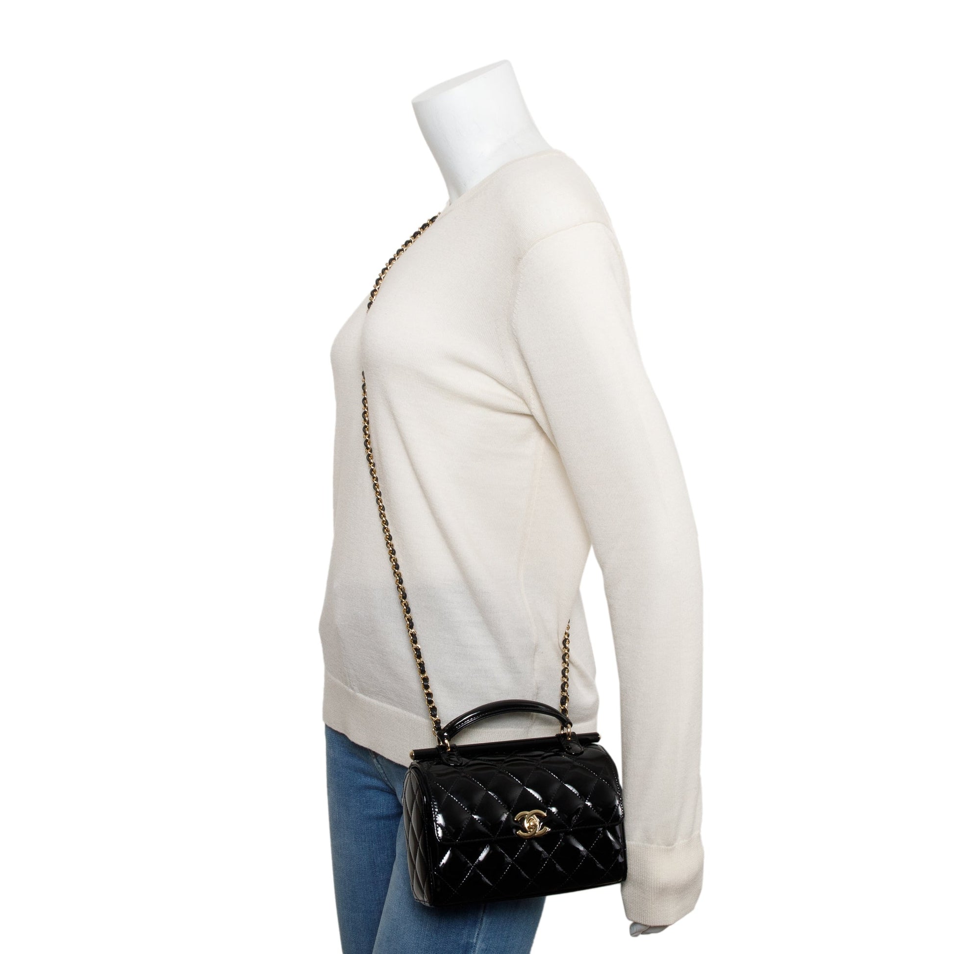 Chanel Quilted Patent Top Handle Flap Leather Black Travel Bag