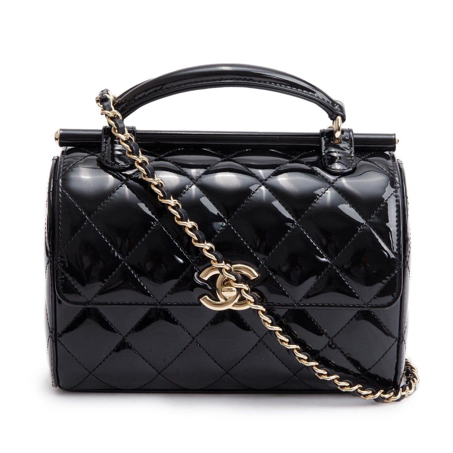 Chanel Quilted Patent Top Handle Flap Leather Black Travel Bag