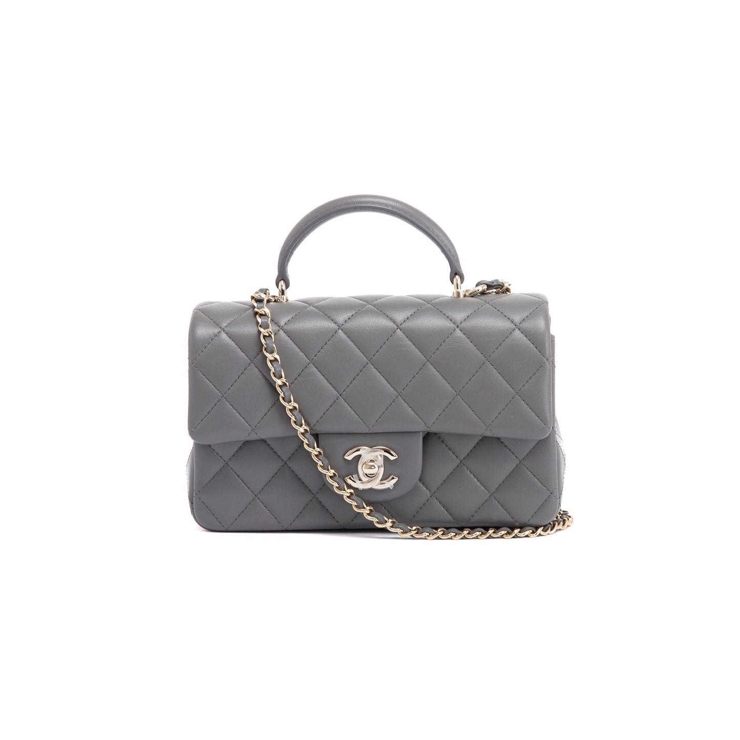Chanel Quilted Top Handle Rectangular Flap Lambskin Grey Travel Bag