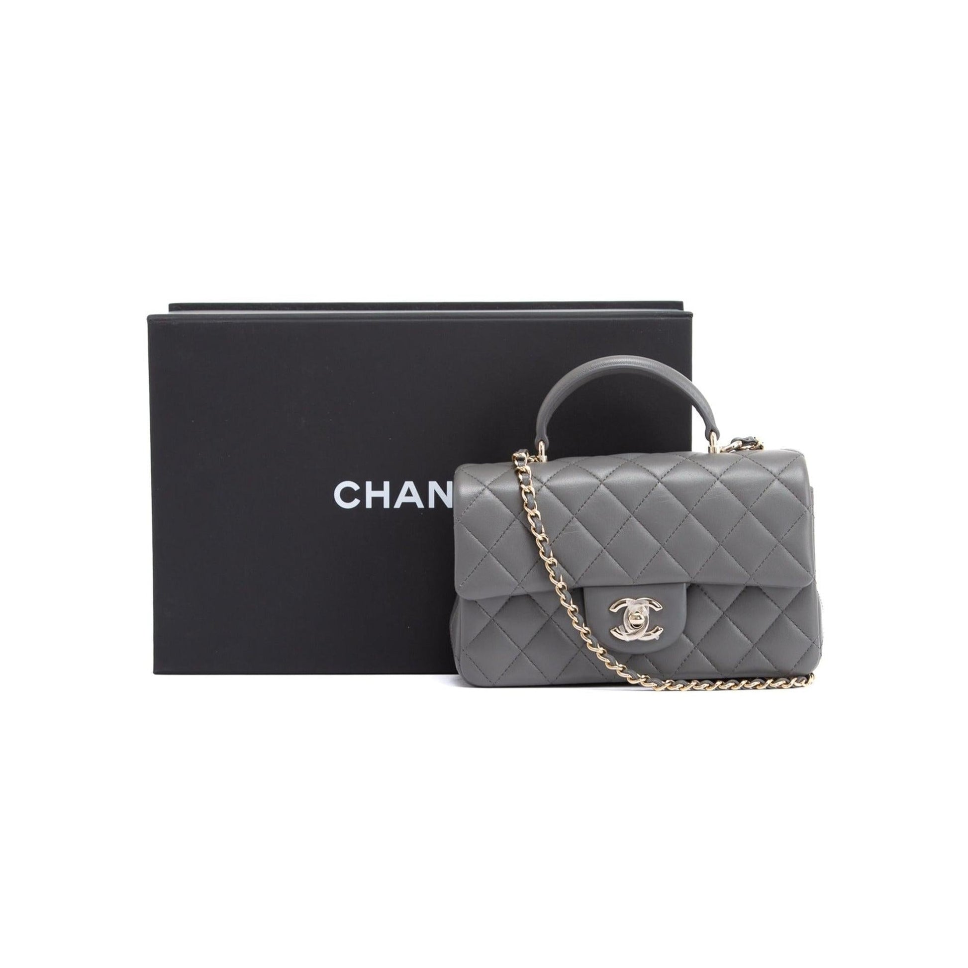 Chanel Quilted Top Handle Rectangular Flap Lambskin Grey Travel Bag