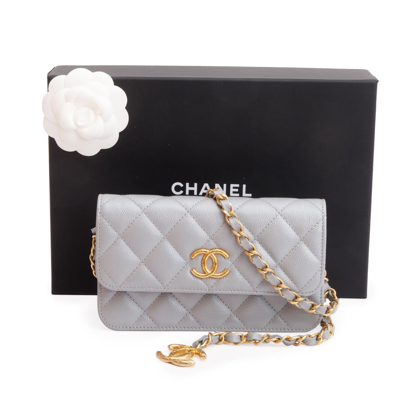 Chanel Quilted Caviar Classic Phone Holder Leather Grey Travel Bag