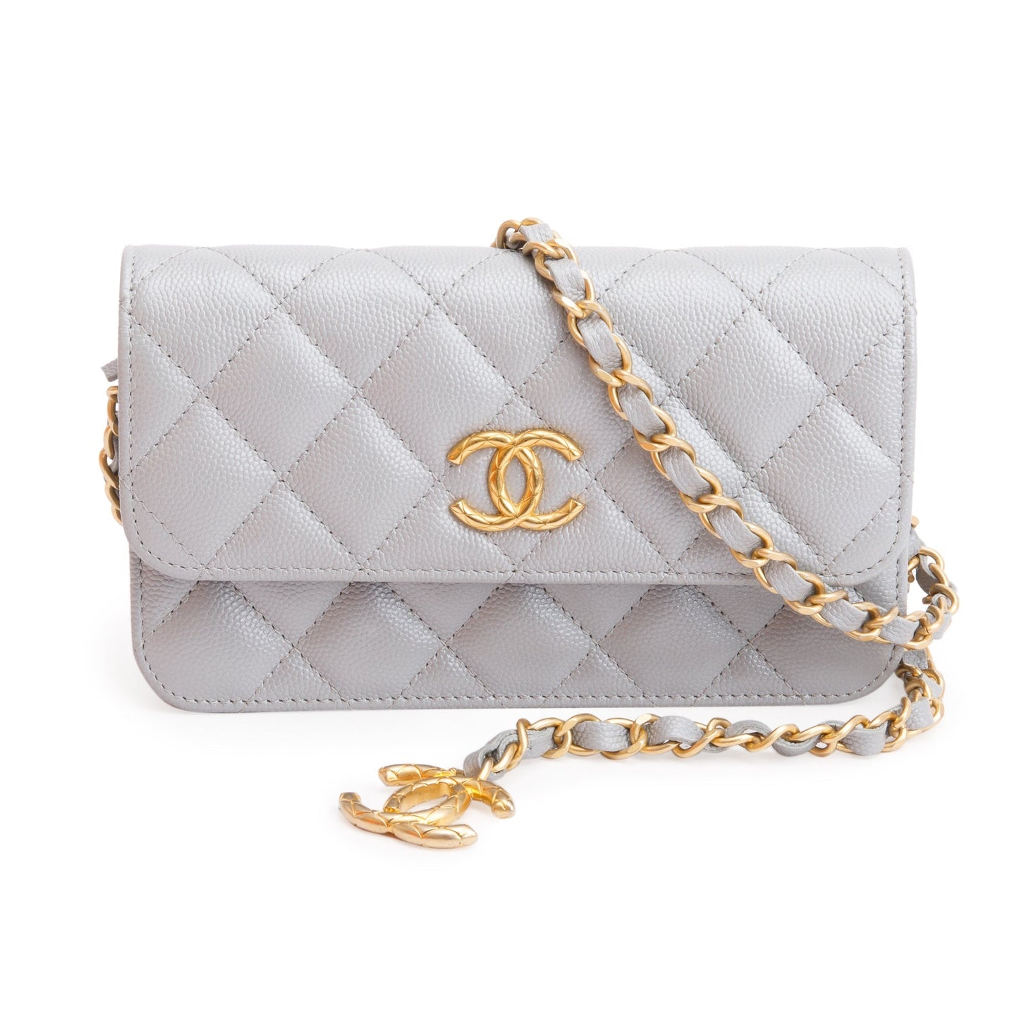 Chanel Quilted Caviar Classic Phone Holder Leather Grey Travel Bag