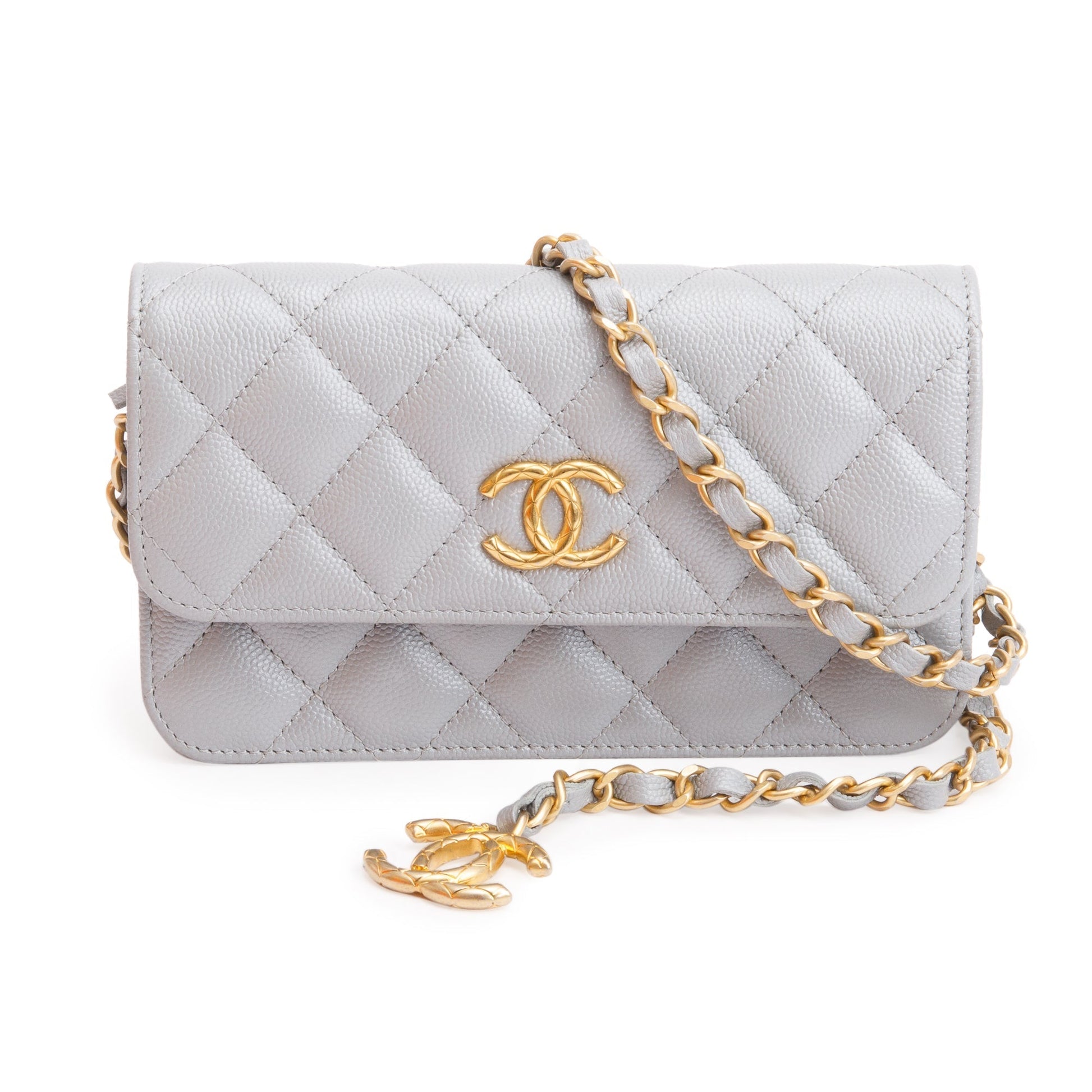 Chanel Quilted Caviar Classic Phone Holder Leather Grey Travel Bag