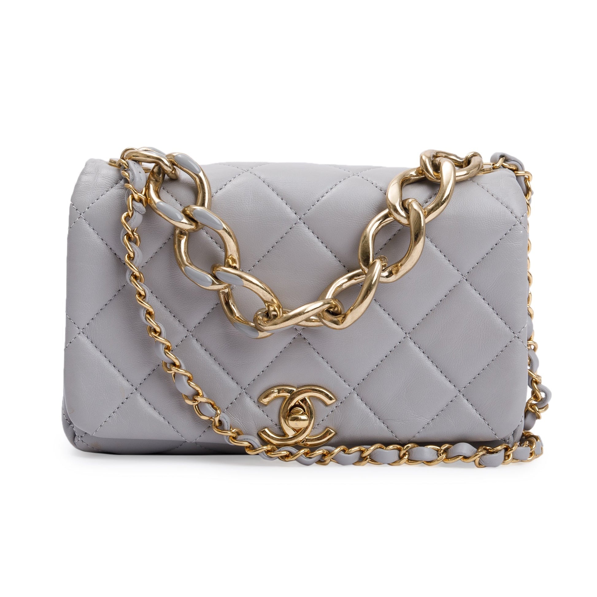 Chanel Quilted Color Match Flap Leather Lambskin Grey Travel Bag