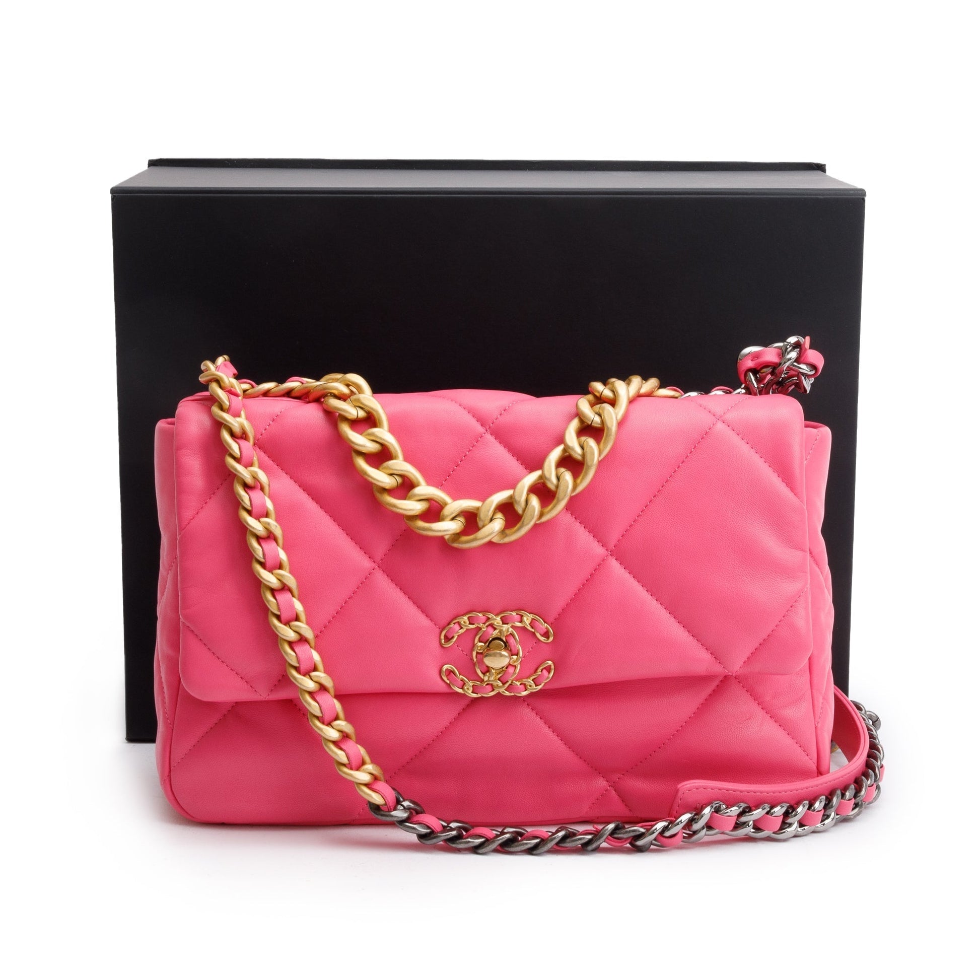 Chanel 19 Flap Leather Lambskin Pink Travel Bag Box Receipt