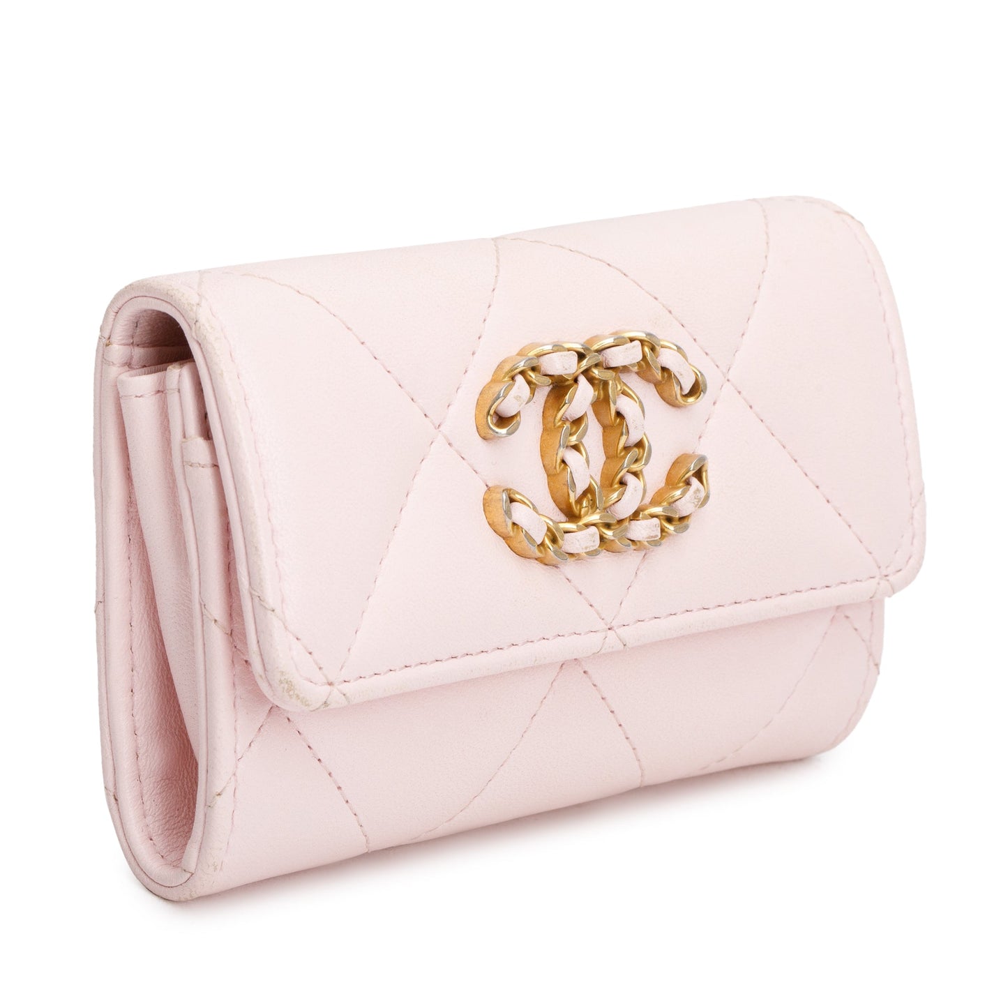 Chanel Quilted 19 Flap Card Holder Leather Pink Wallet Case