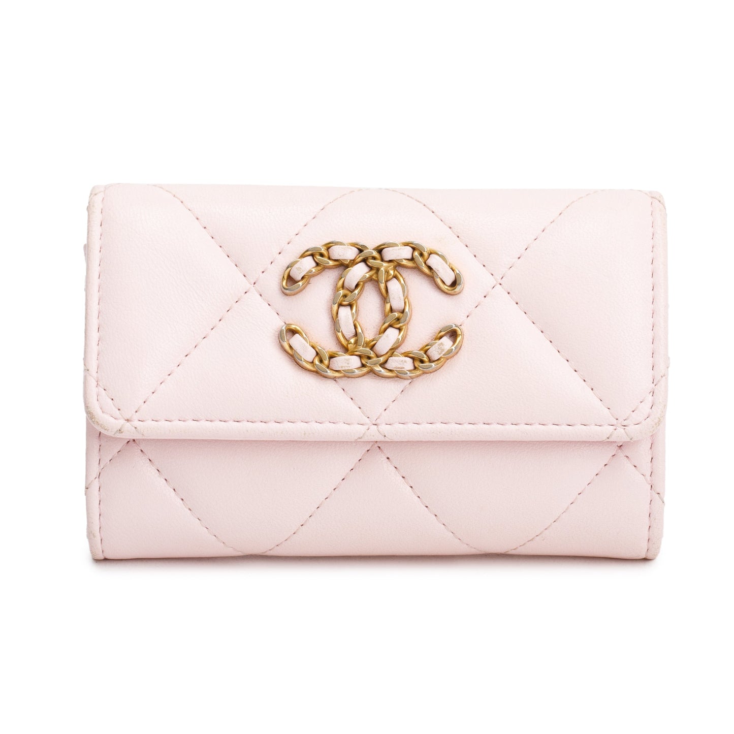 Chanel Quilted 19 Flap Card Holder Leather Pink Wallet Case