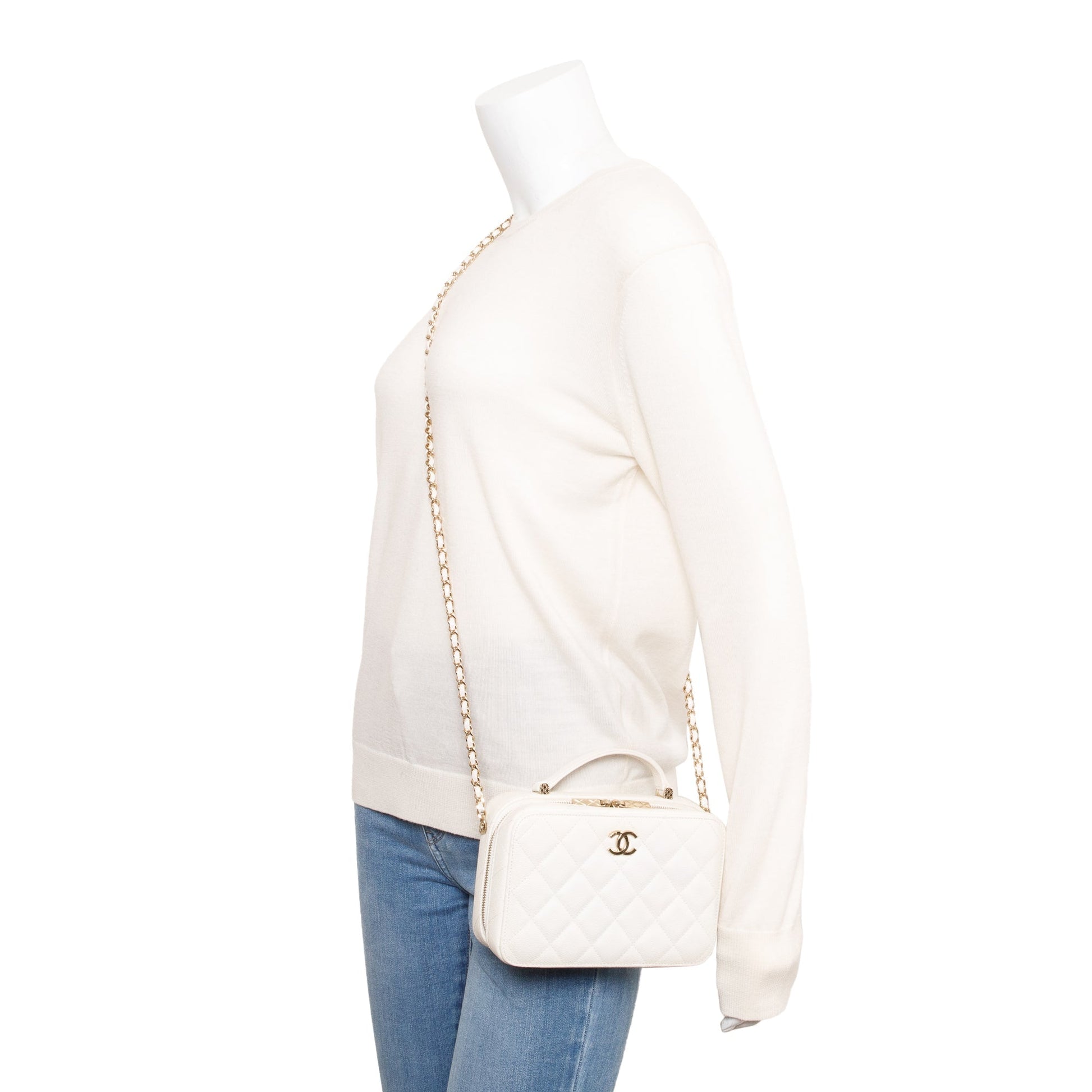 Chanel Caviar Top Handle Vanity Leather White Travel Bag