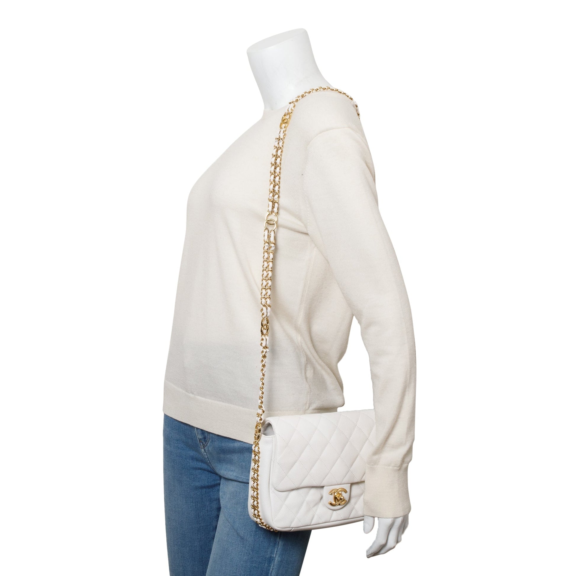 Chanel Caviar Quilted CC You Flap Leather White Travel Bag