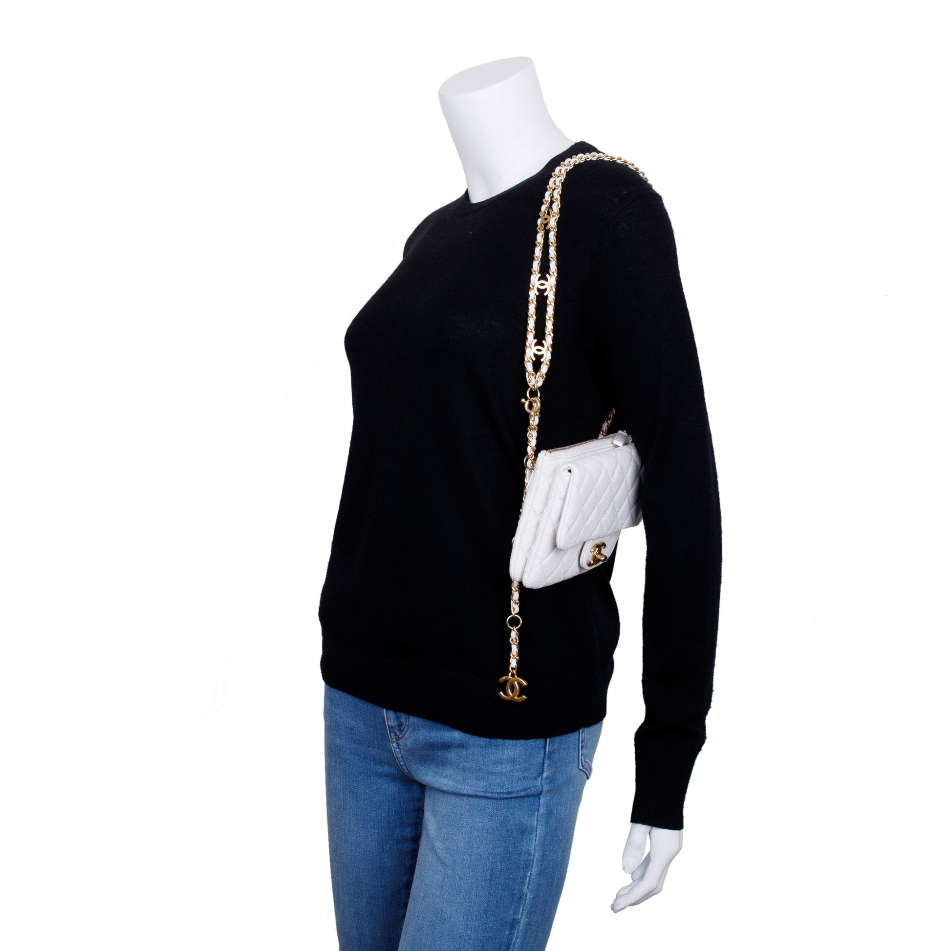 Chanel Quilted Caviar Pick Me Up Leather White Belt