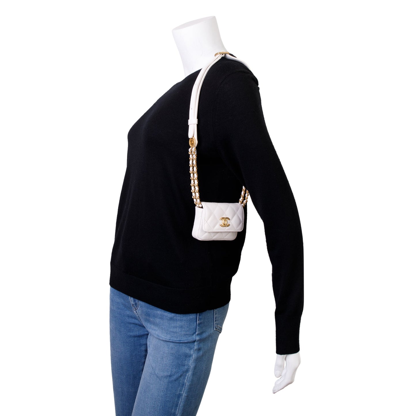 Chanel Quilted Caviar Twist Your Buttons Leather White Belt