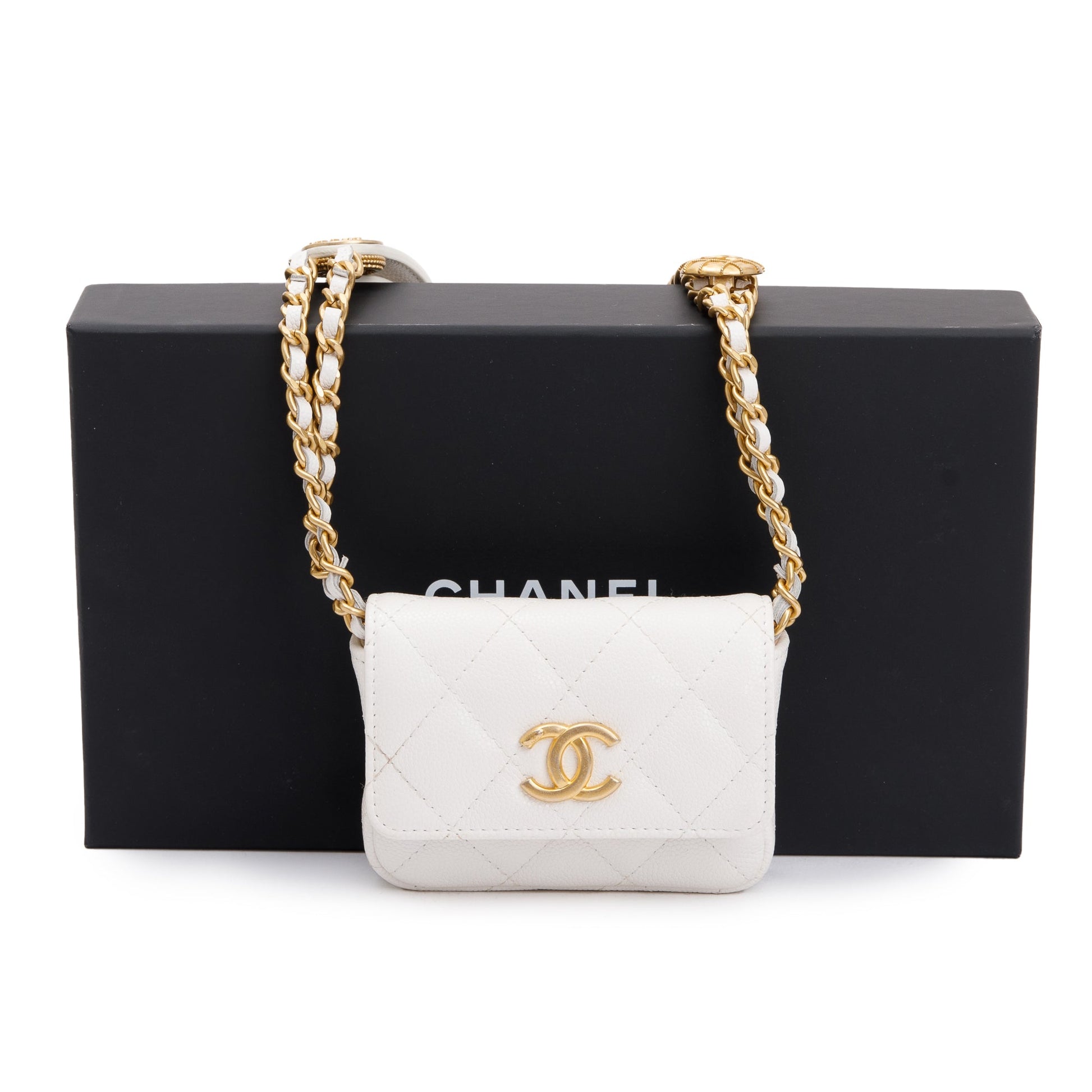 Chanel Quilted Caviar Twist Your Buttons Leather White Belt
