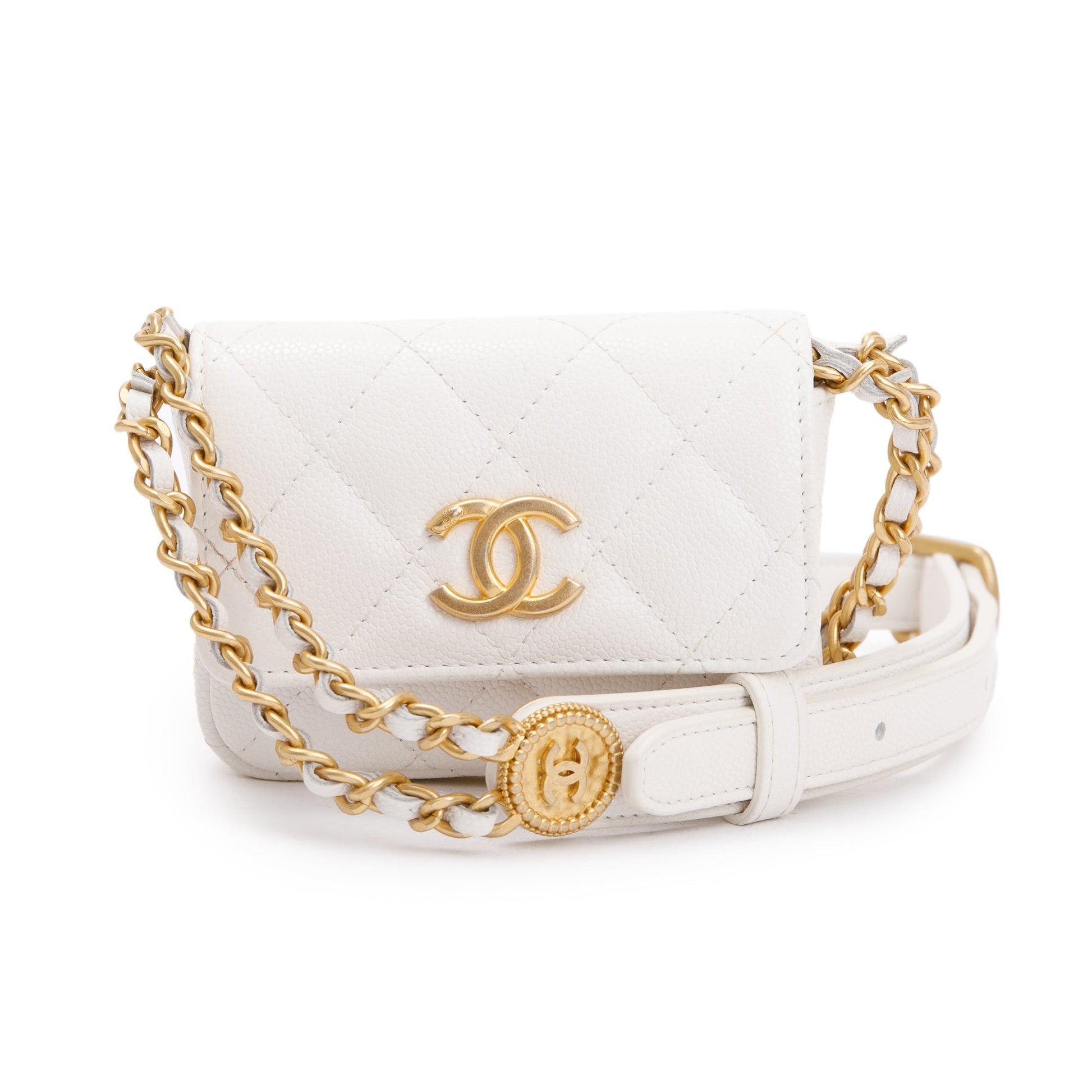 Chanel Quilted Caviar Twist Your Buttons Leather White Belt