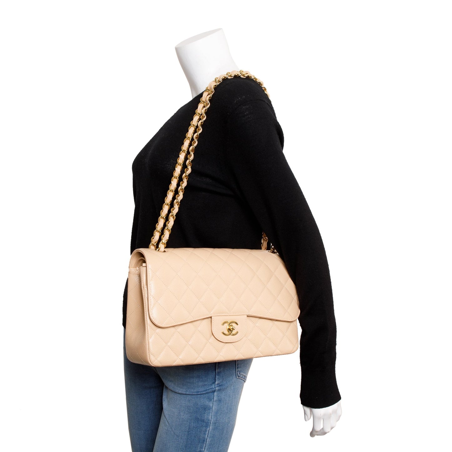 Chanel Caviar Classic Jumbo Double Flap Beige Travel Bag 5