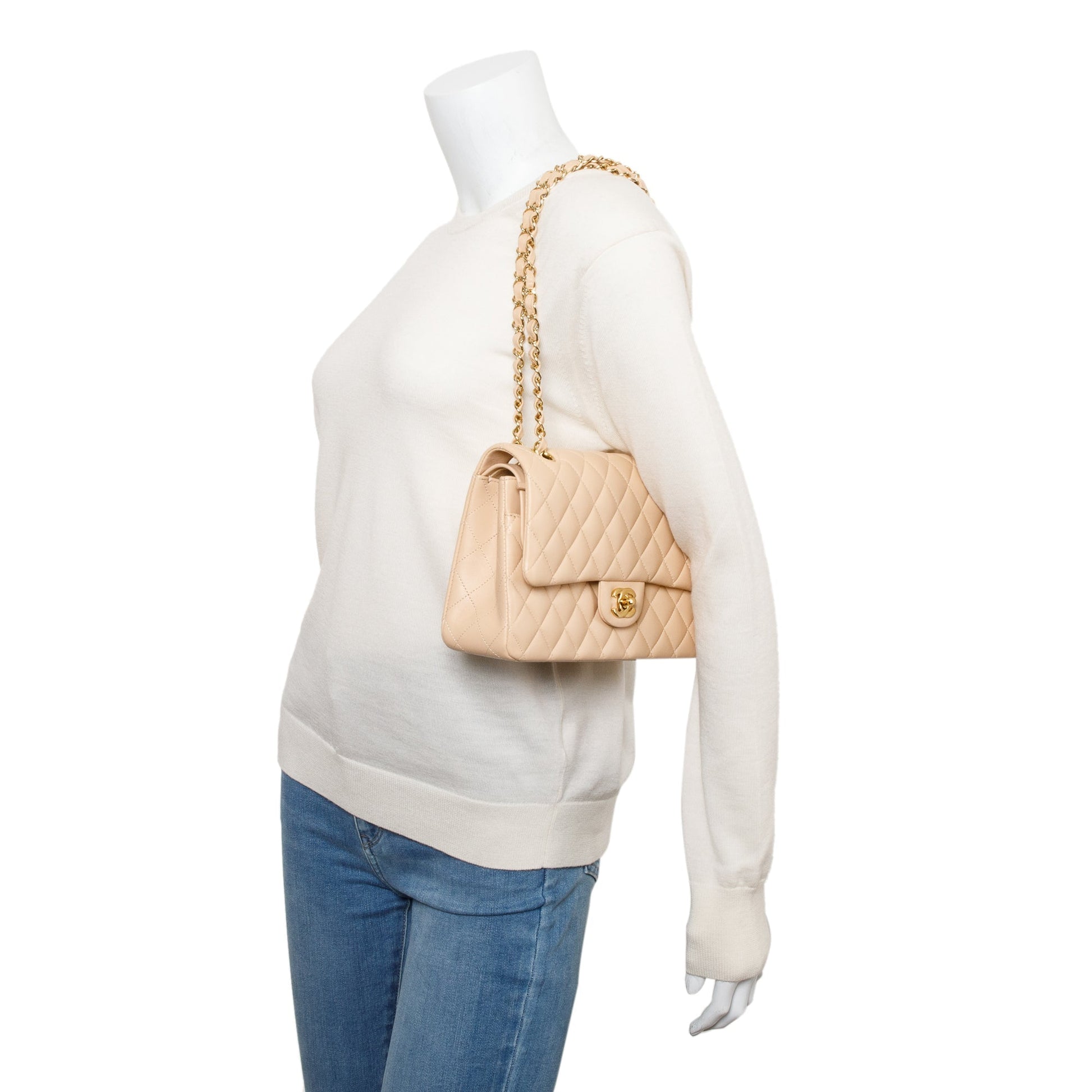 Chanel Classic Double Classic Flap Leather Lambskin Beige Travel Bag