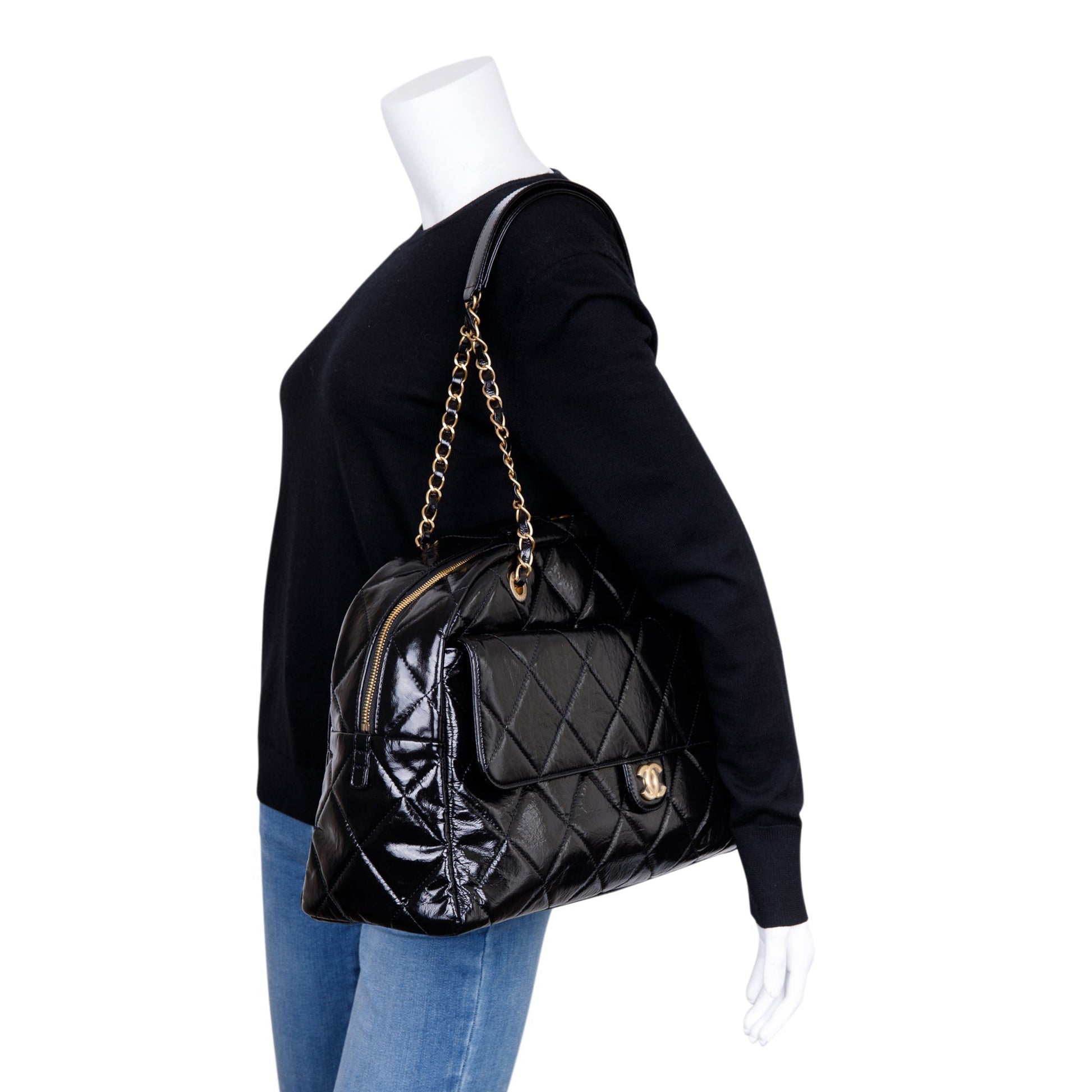 Chanel Patent Maxi Bowling Leather Black Travel Bag