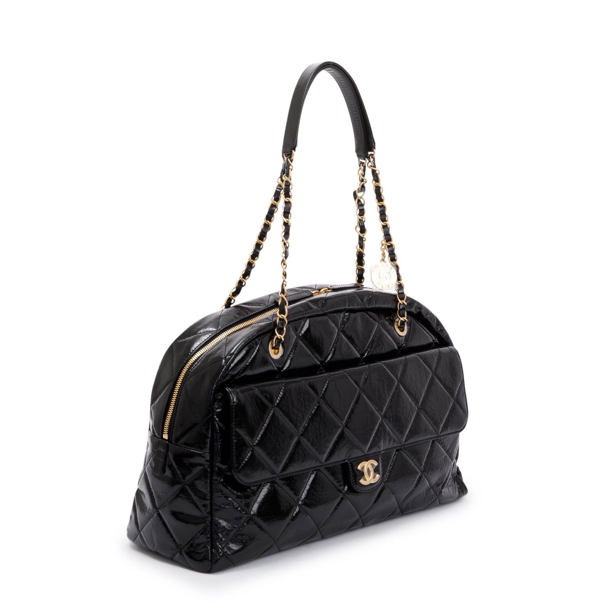 Chanel Patent Maxi Bowling Leather Black Travel Bag