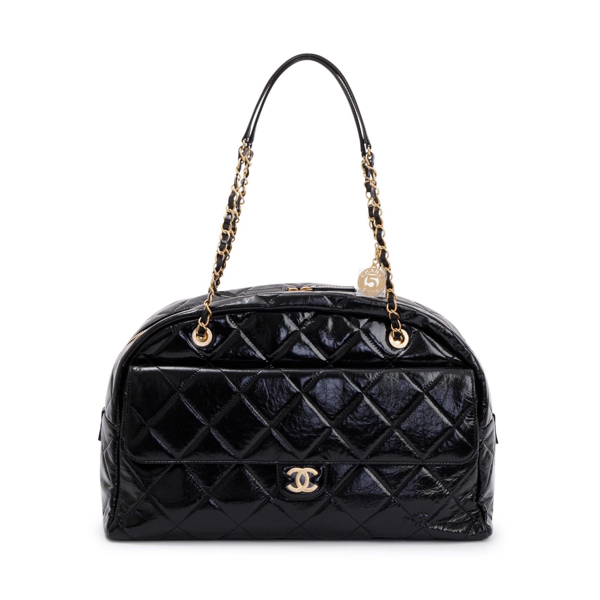 Chanel Patent Maxi Bowling Leather Black Travel Bag