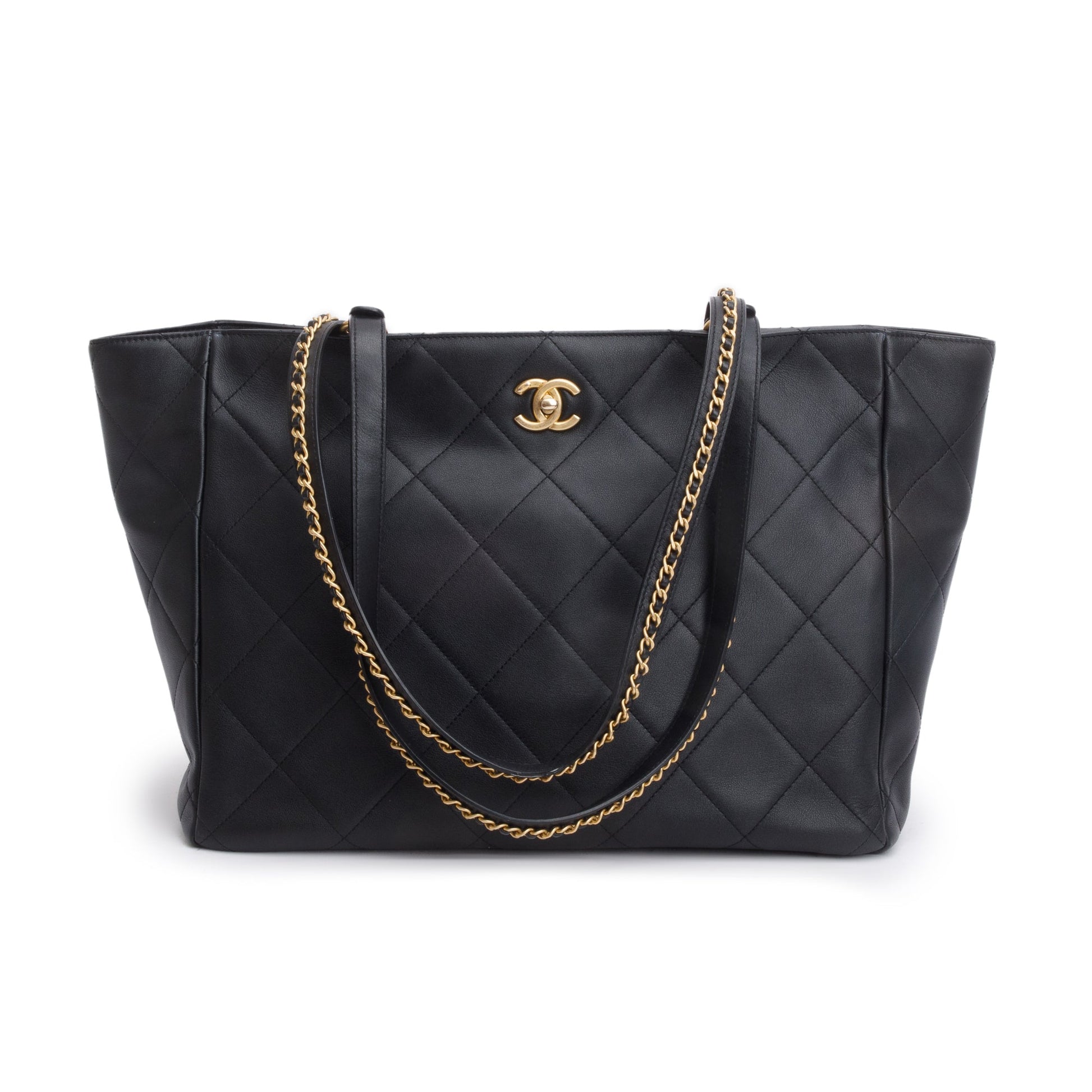 Chanel Quilted Book Pocket Shopping Leather Calfskin Black Travel Bag