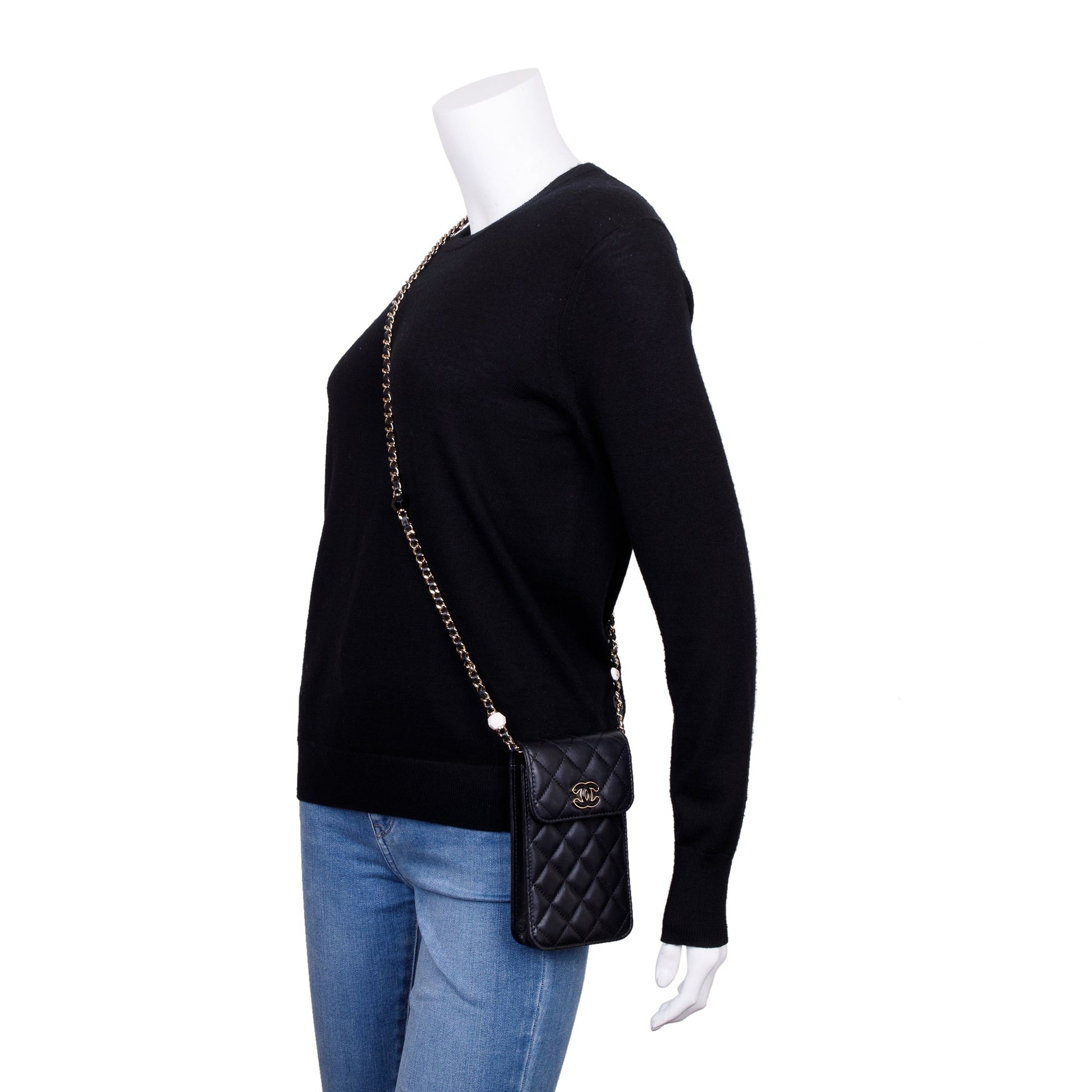 Chanel Quilted Candy CC Phone Holder Leather Calfskin Black Travel Bag