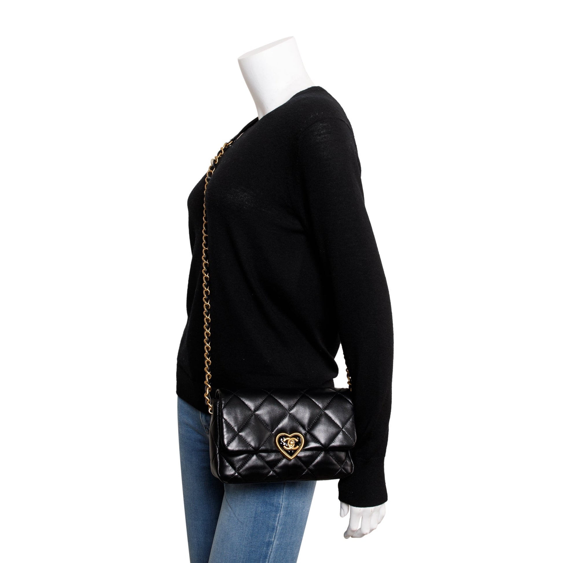 Chanel Quilted Heart Flap Leather Lambskin Black Travel Bag